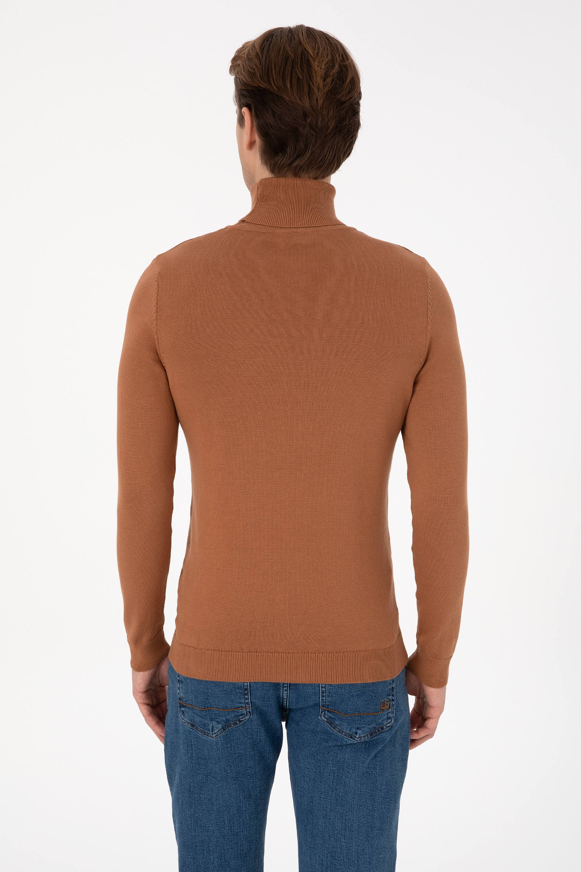Erkek Slim Fit Boğazlı Camel Basic Kazak - Image 5