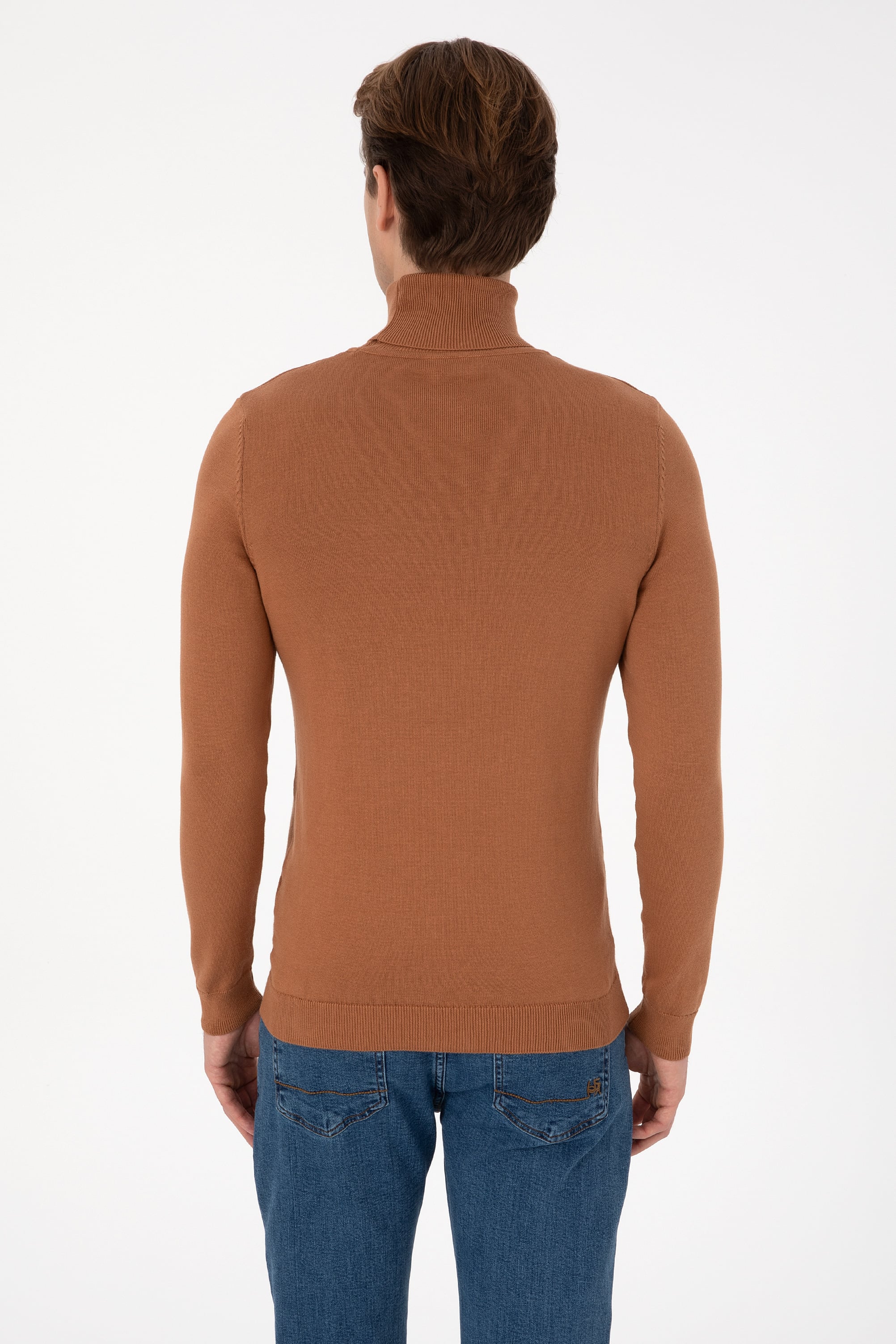 Erkek Slim Fit Boğazlı Camel Basic Kazak