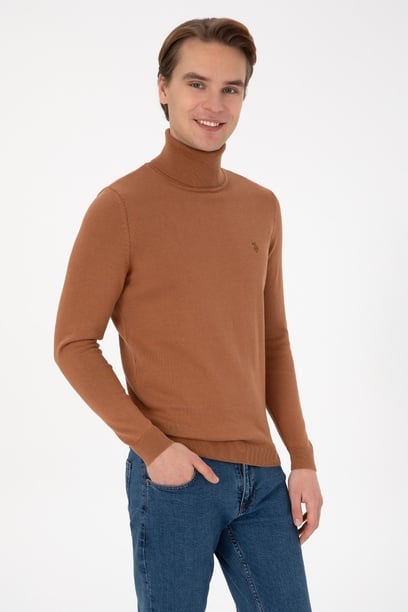 Erkek Slim Fit Boğazlı Camel Basic Kazak