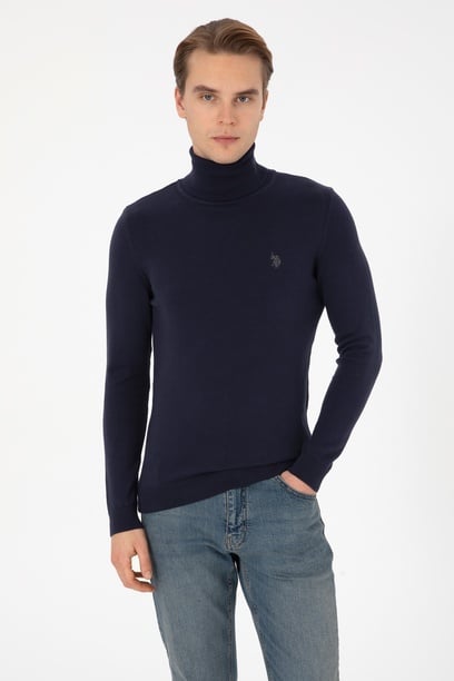 Erkek Slim Fit Boğazlı Lacivert Basic Kazak