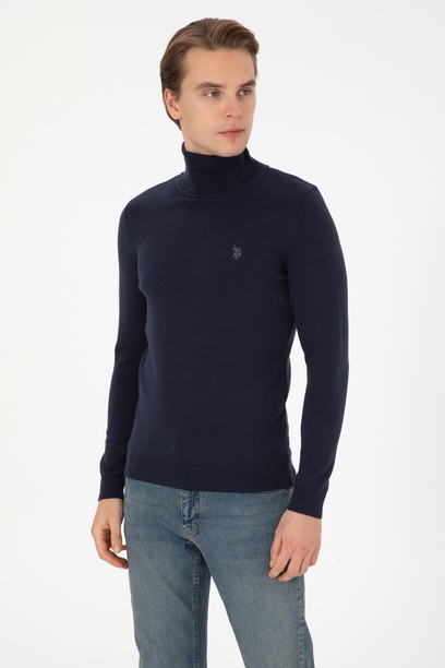 Erkek Slim Fit Boğazlı Lacivert Basic Kazak