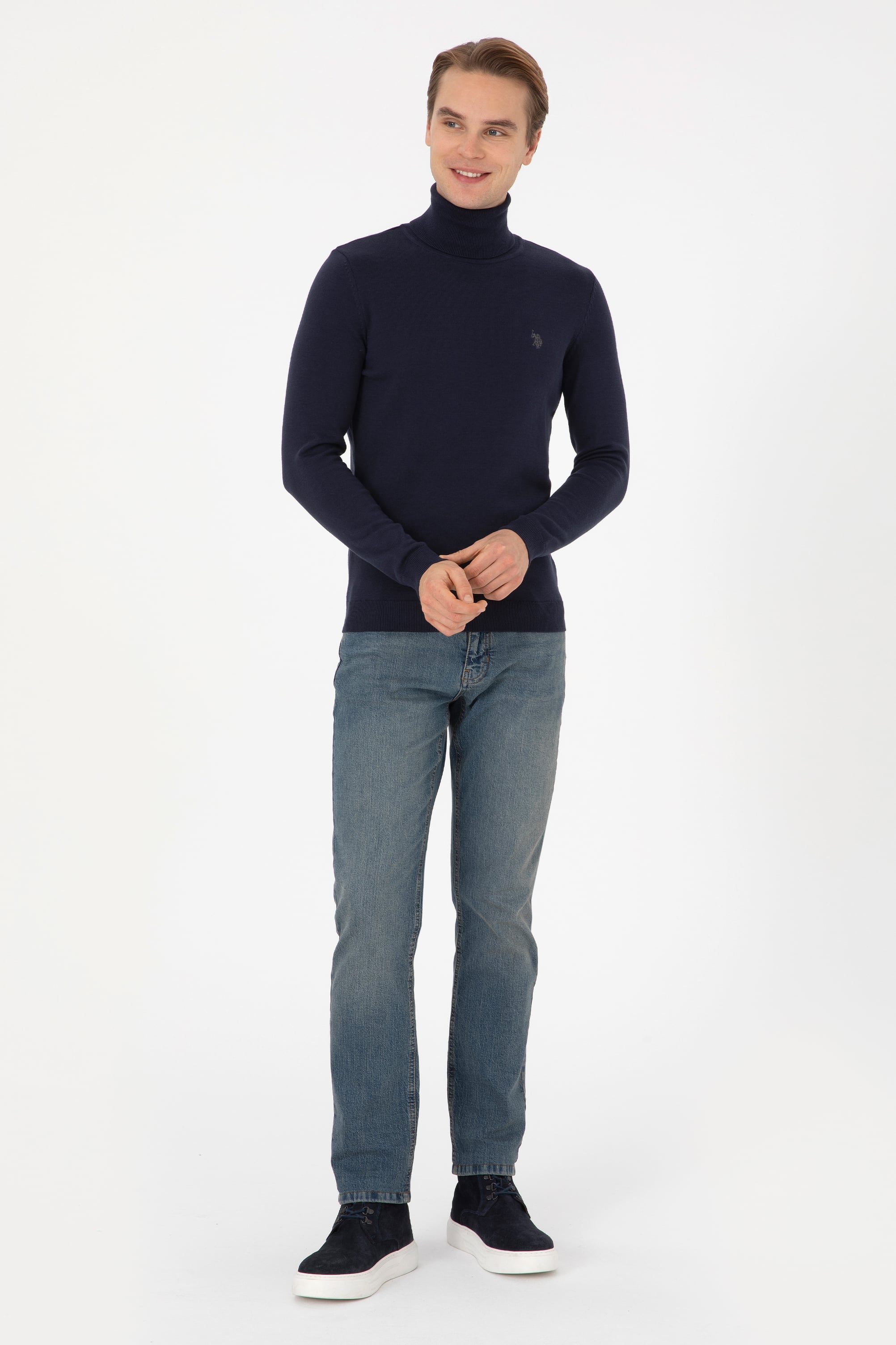Erkek Slim Fit Boğazlı Lacivert Basic Kazak - Image 4