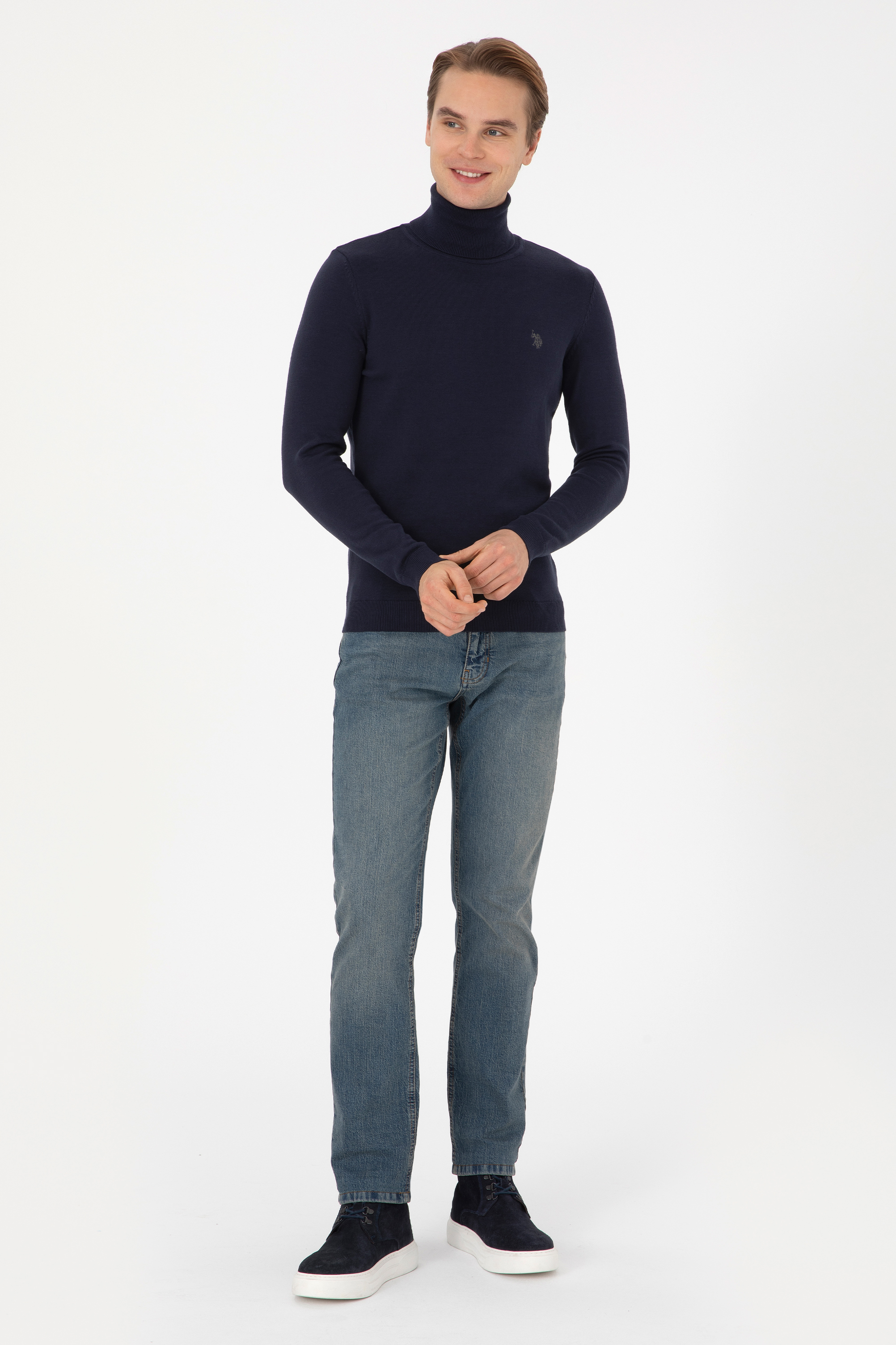Erkek Slim Fit Boğazlı Lacivert Basic Kazak