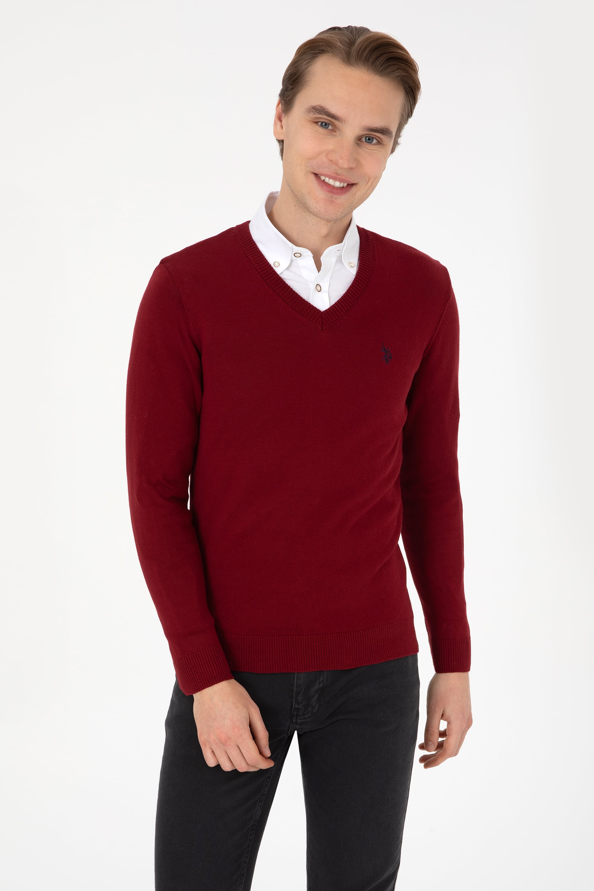 Erkek Slim Fit V Yaka Bordo Basic Kazak - Image 1