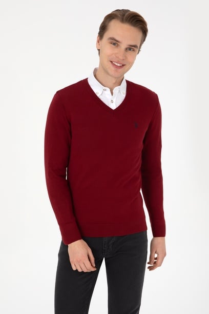 Erkek Slim Fit V Yaka Bordo Basic Kazak