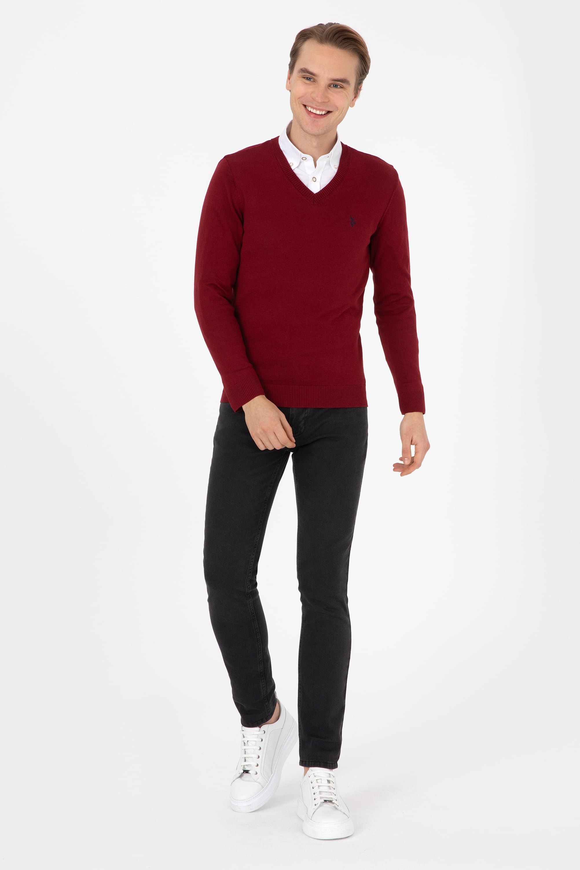 Erkek Slim Fit V Yaka Bordo Basic Kazak