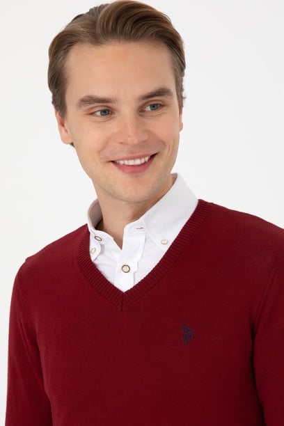 Erkek Slim Fit V Yaka Bordo Basic Kazak