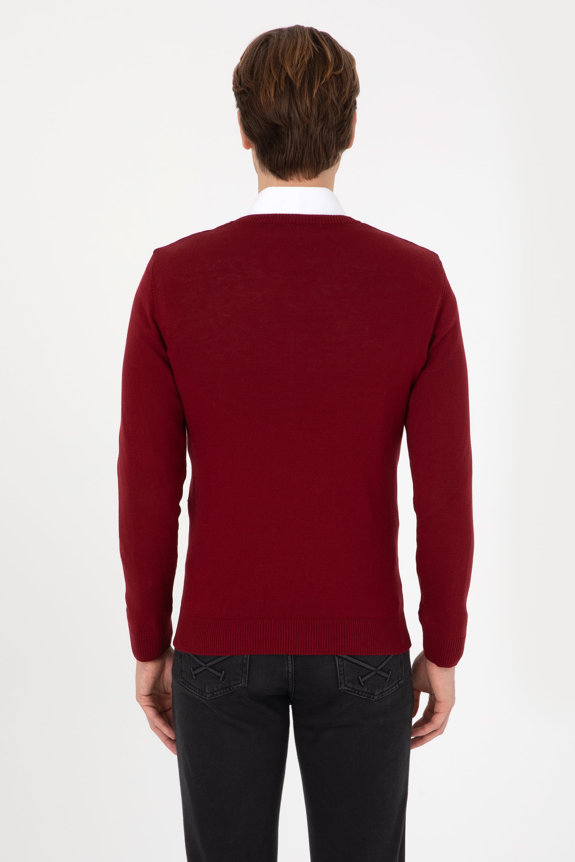 Erkek Slim Fit V Yaka Bordo Basic Kazak