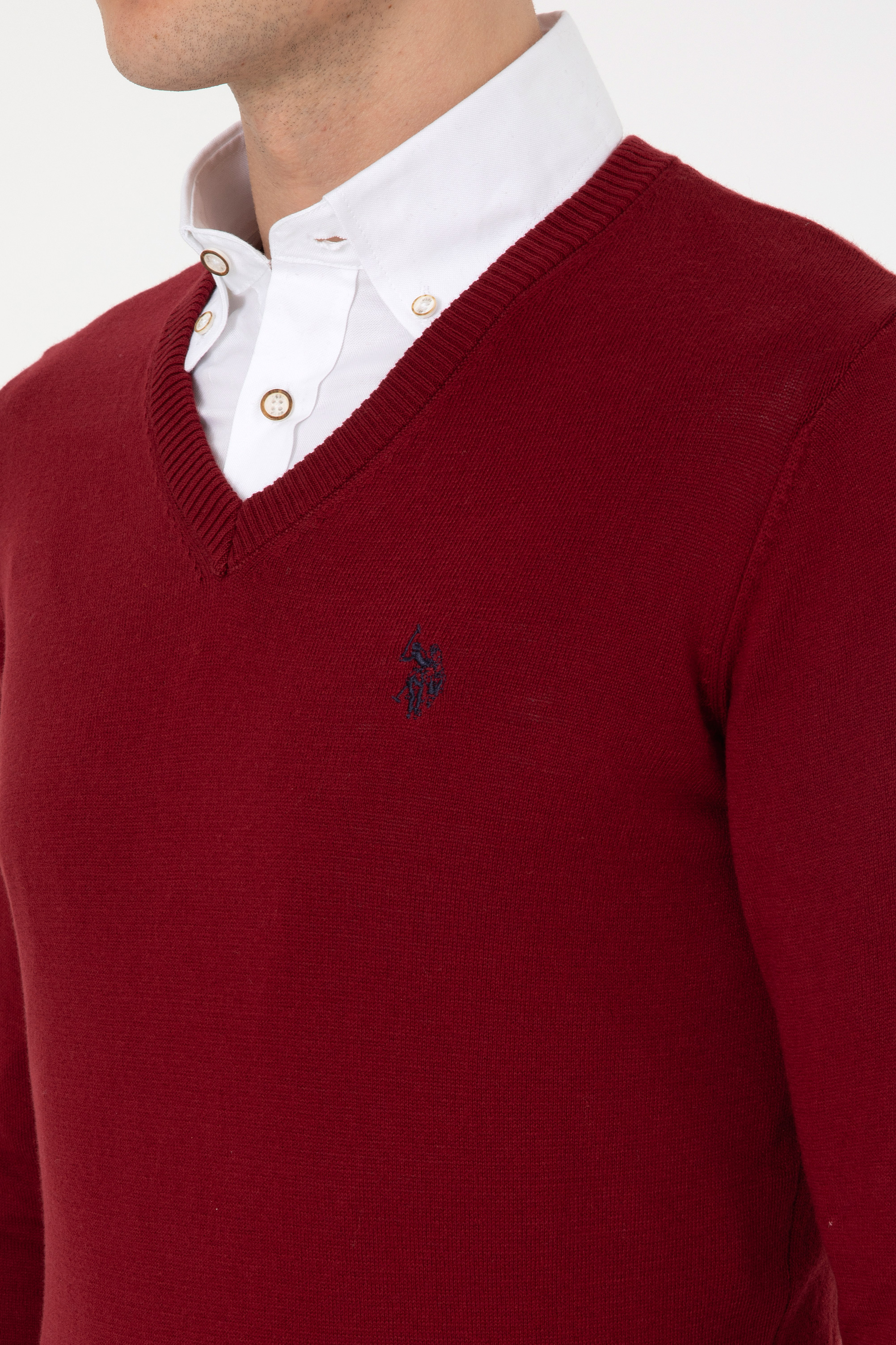Erkek Slim Fit V Yaka Bordo Basic Kazak - Image 7