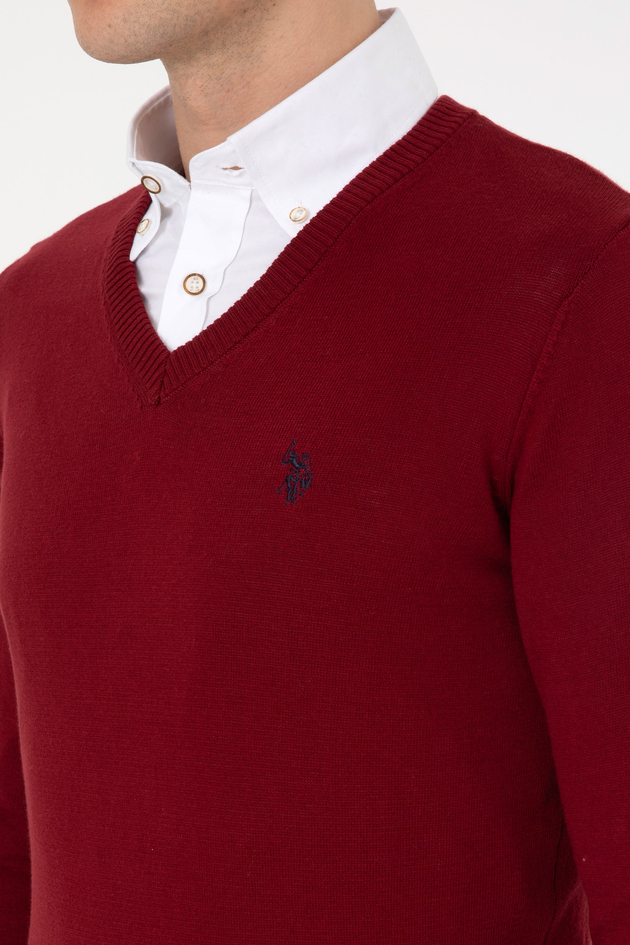Erkek Slim Fit V Yaka Bordo Basic Kazak