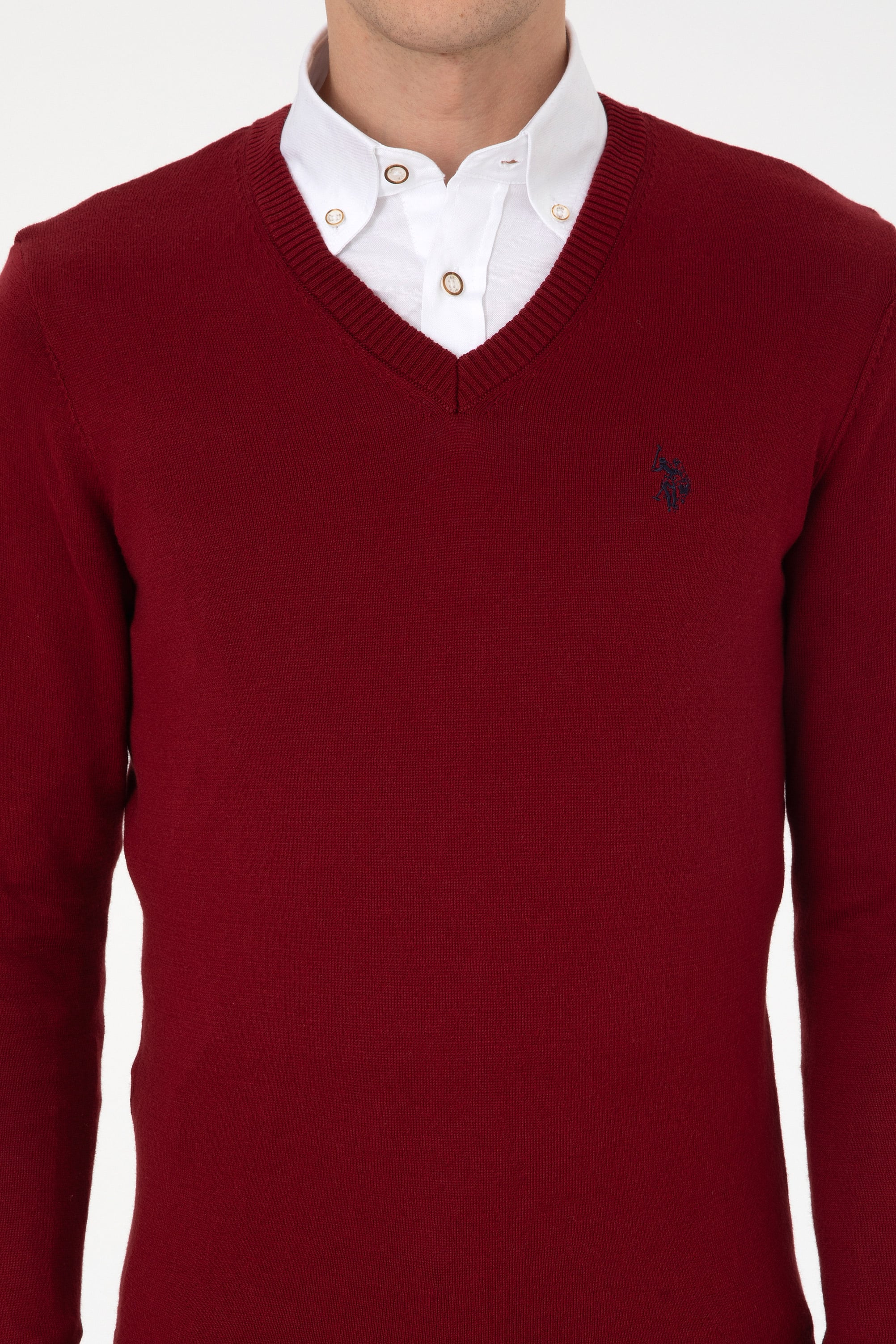 Erkek Slim Fit V Yaka Bordo Basic Kazak