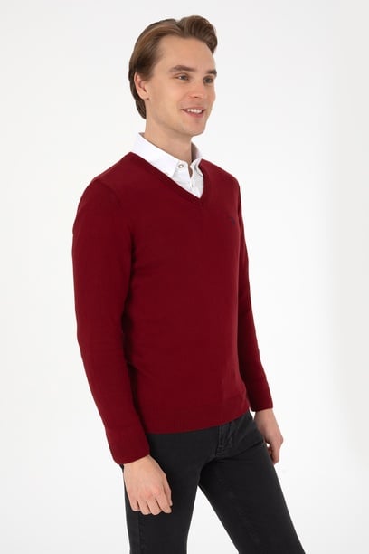 Erkek Slim Fit V Yaka Bordo Basic Kazak