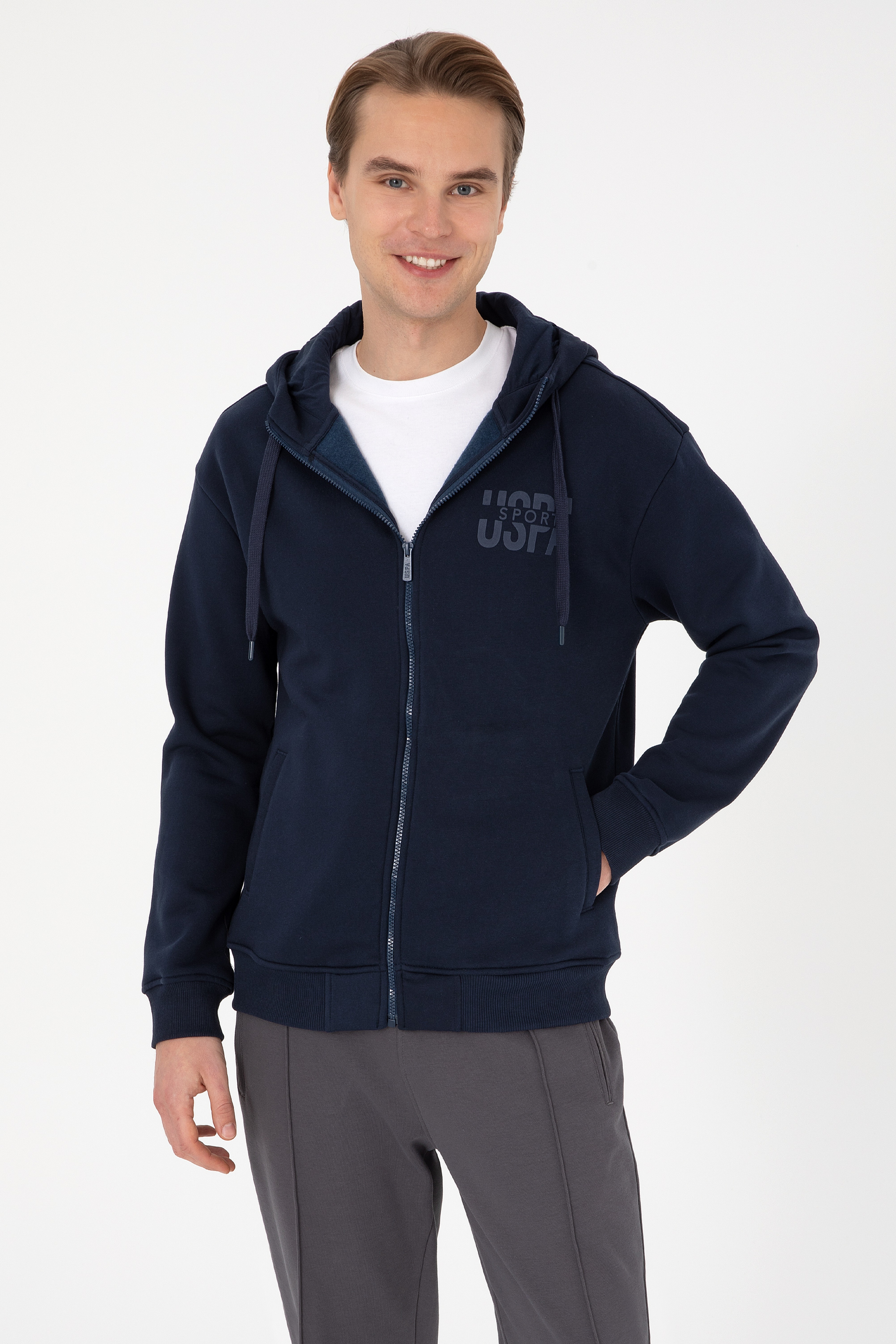 Erkek Comfort Fit Fermuarlı Kapüşonlu Lacivert Örme Hırka - Image 1