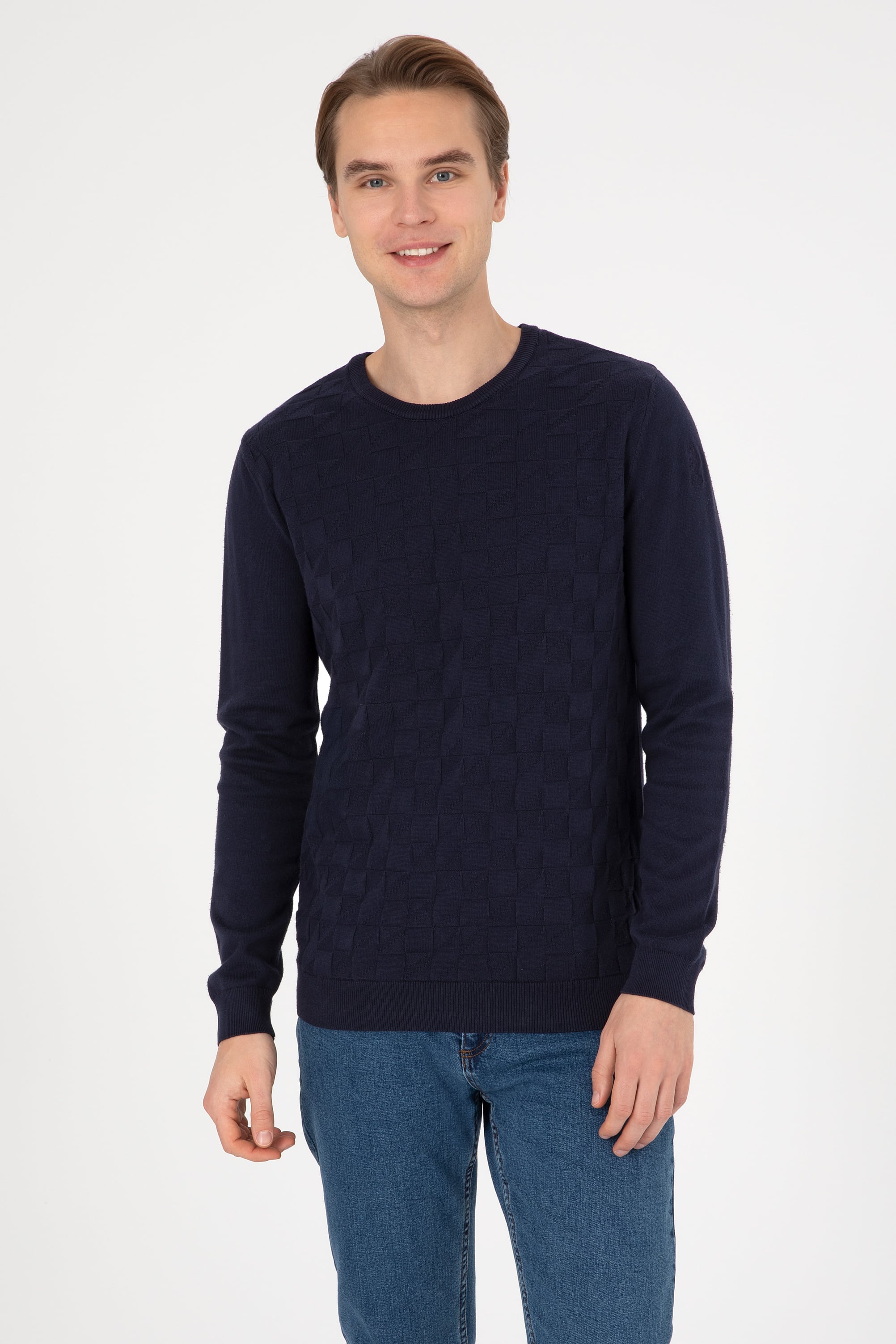 Erkek Slim Fit Bisiklet Yaka Lacivert Basic Kazak