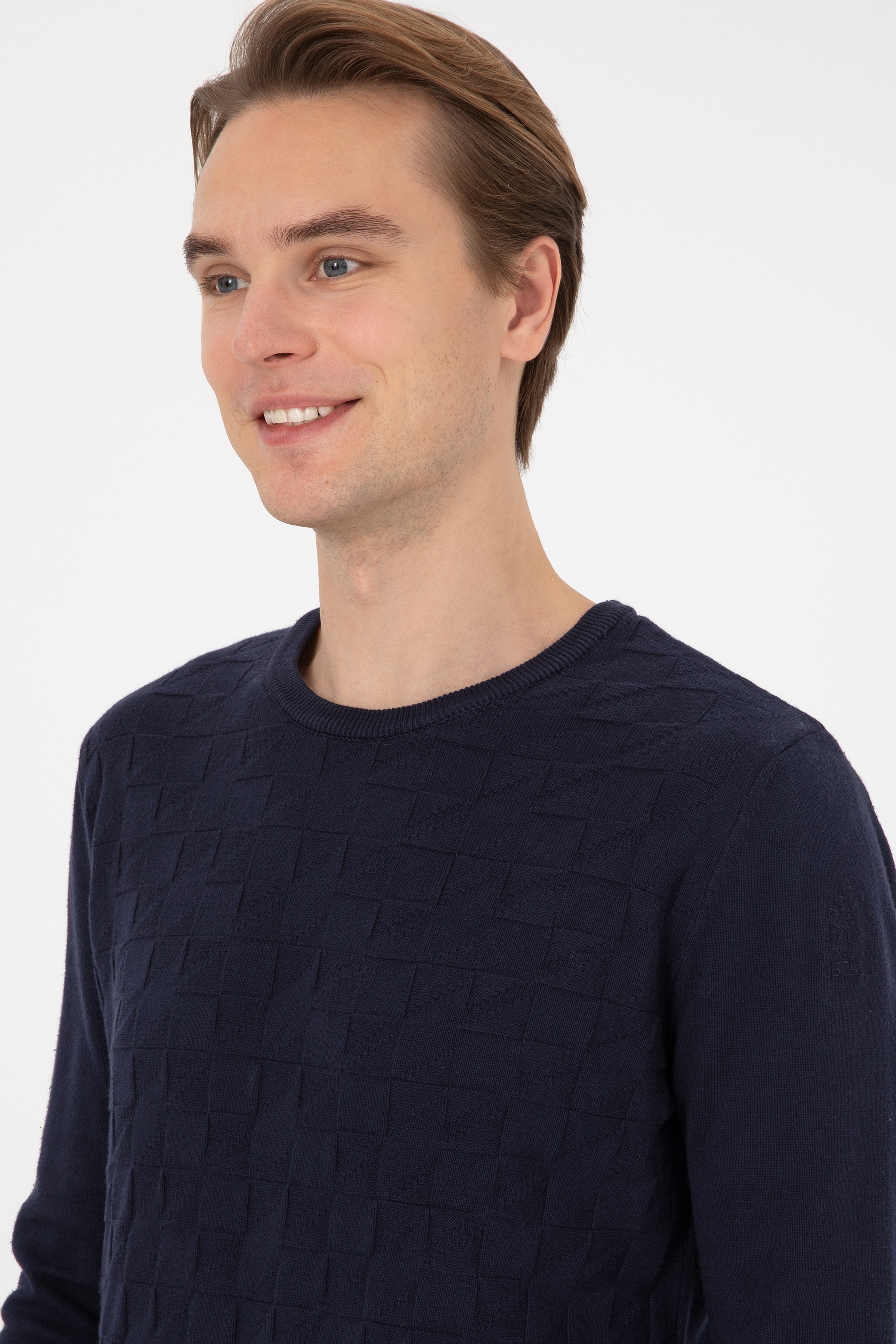 Erkek Slim Fit Bisiklet Yaka Lacivert Basic Kazak