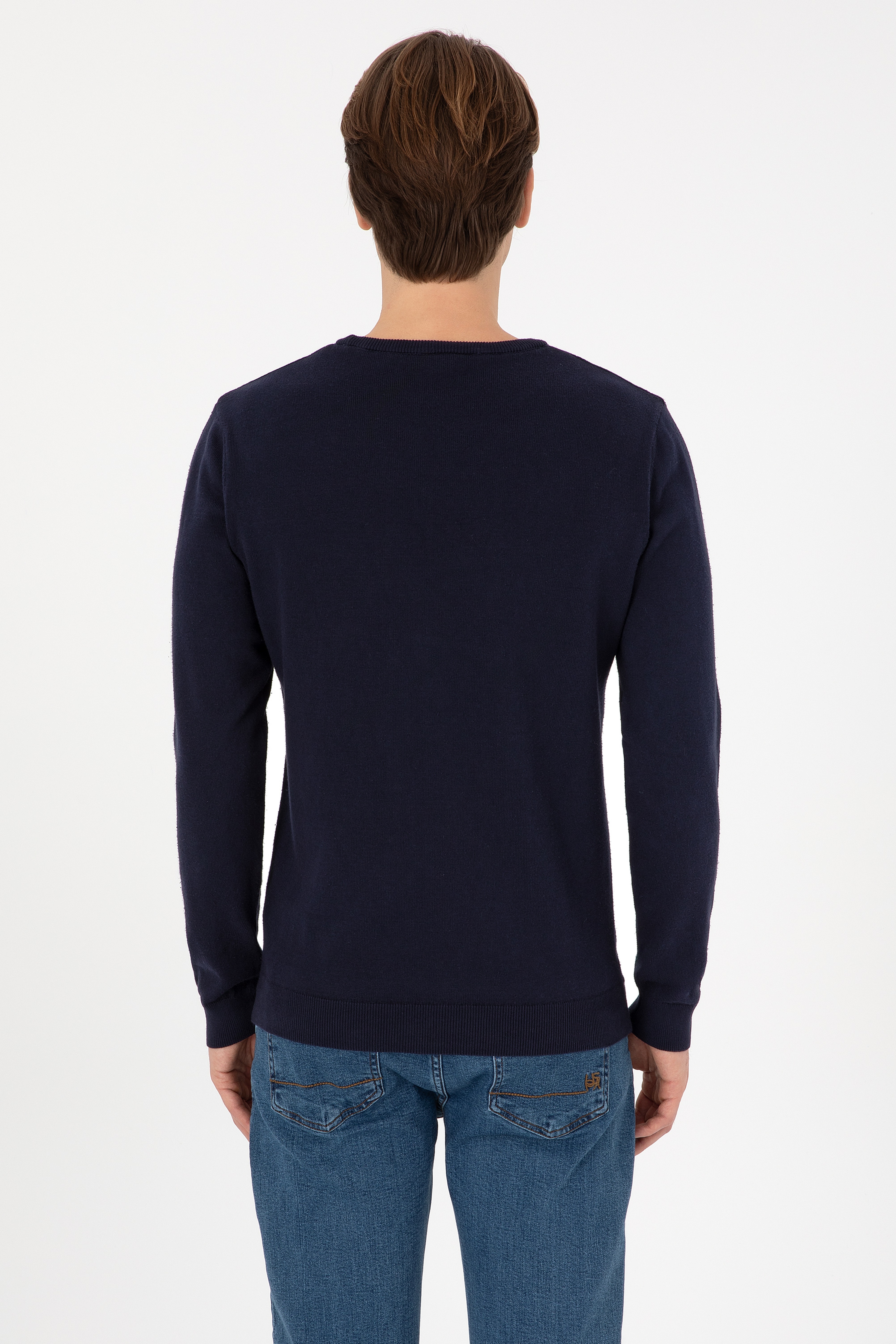 Erkek Slim Fit Bisiklet Yaka Lacivert Basic Kazak