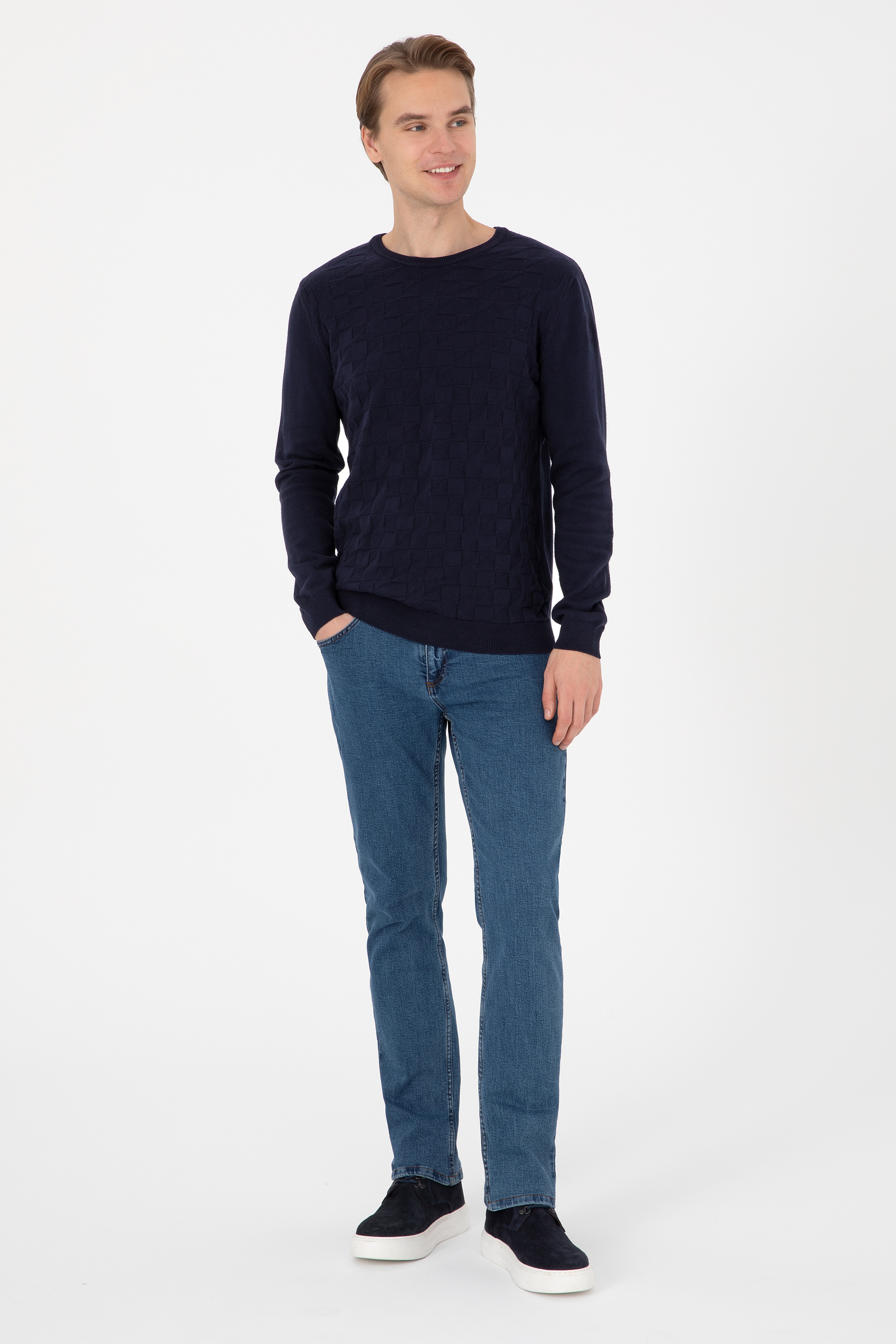 Erkek Slim Fit Bisiklet Yaka Lacivert Basic Kazak - Image 4