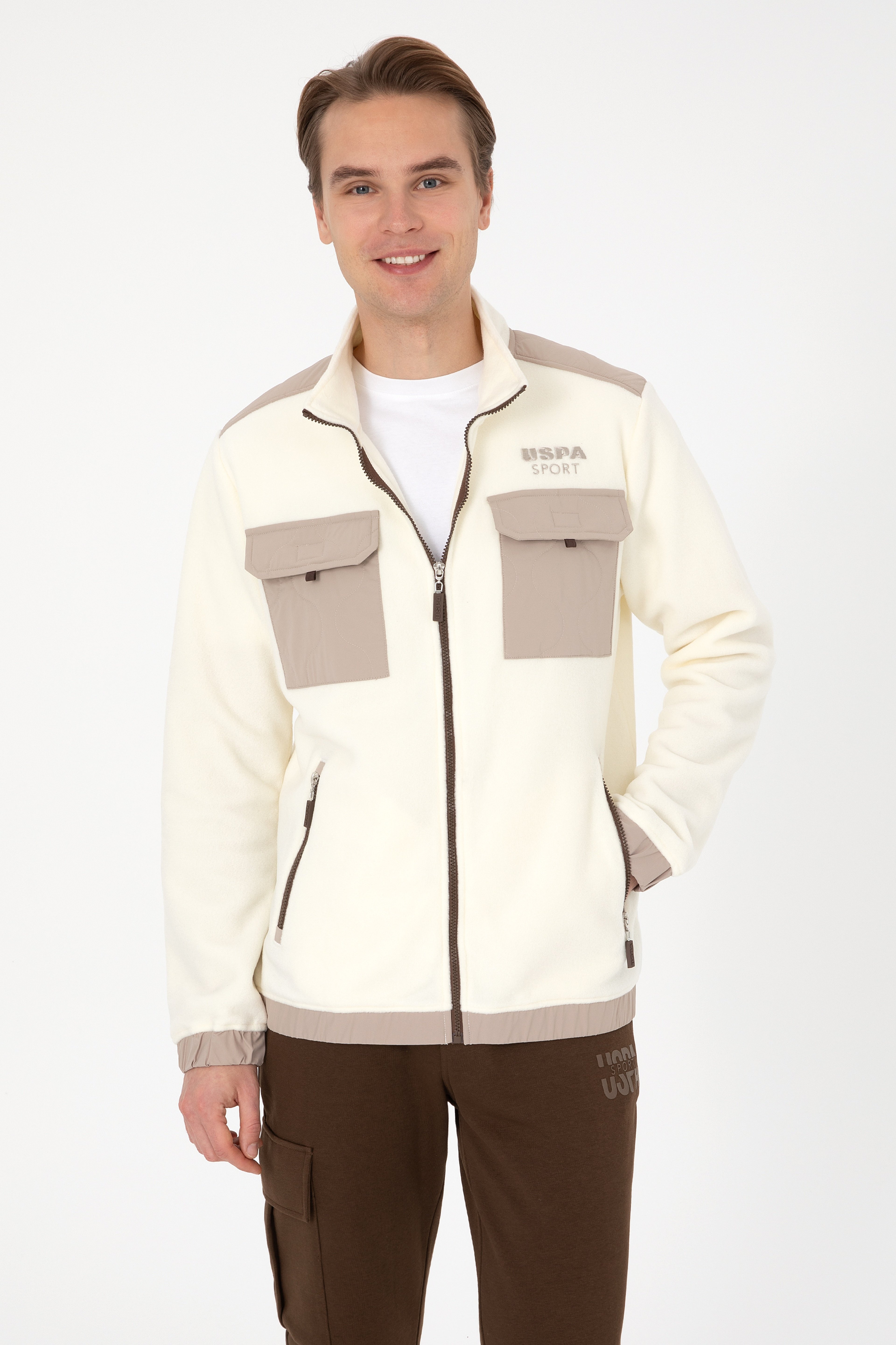 Erkek Regular Fit Krem Fermuarlı Örme Hırka - Image 1