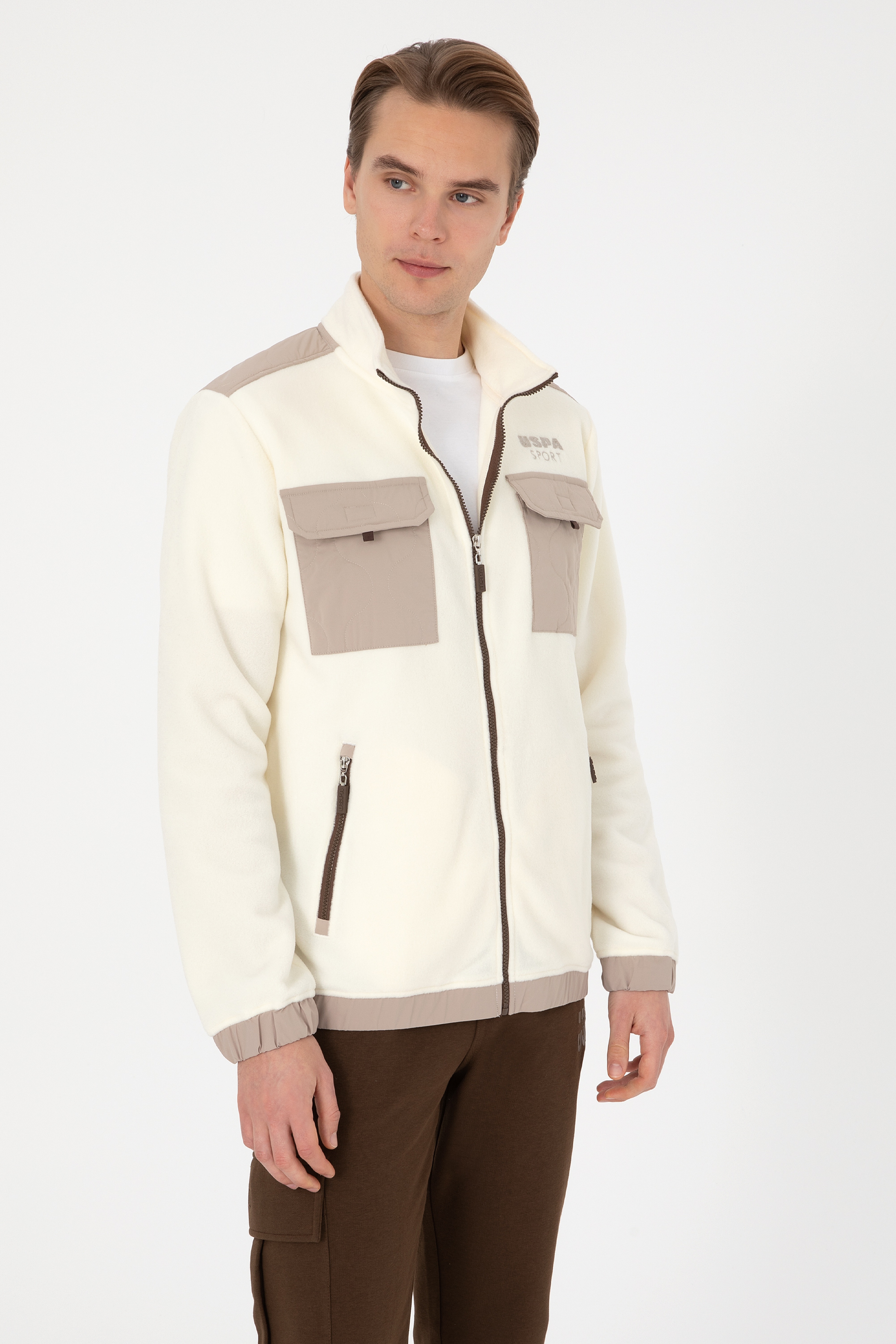 Erkek Regular Fit Krem Fermuarlı Örme Hırka
