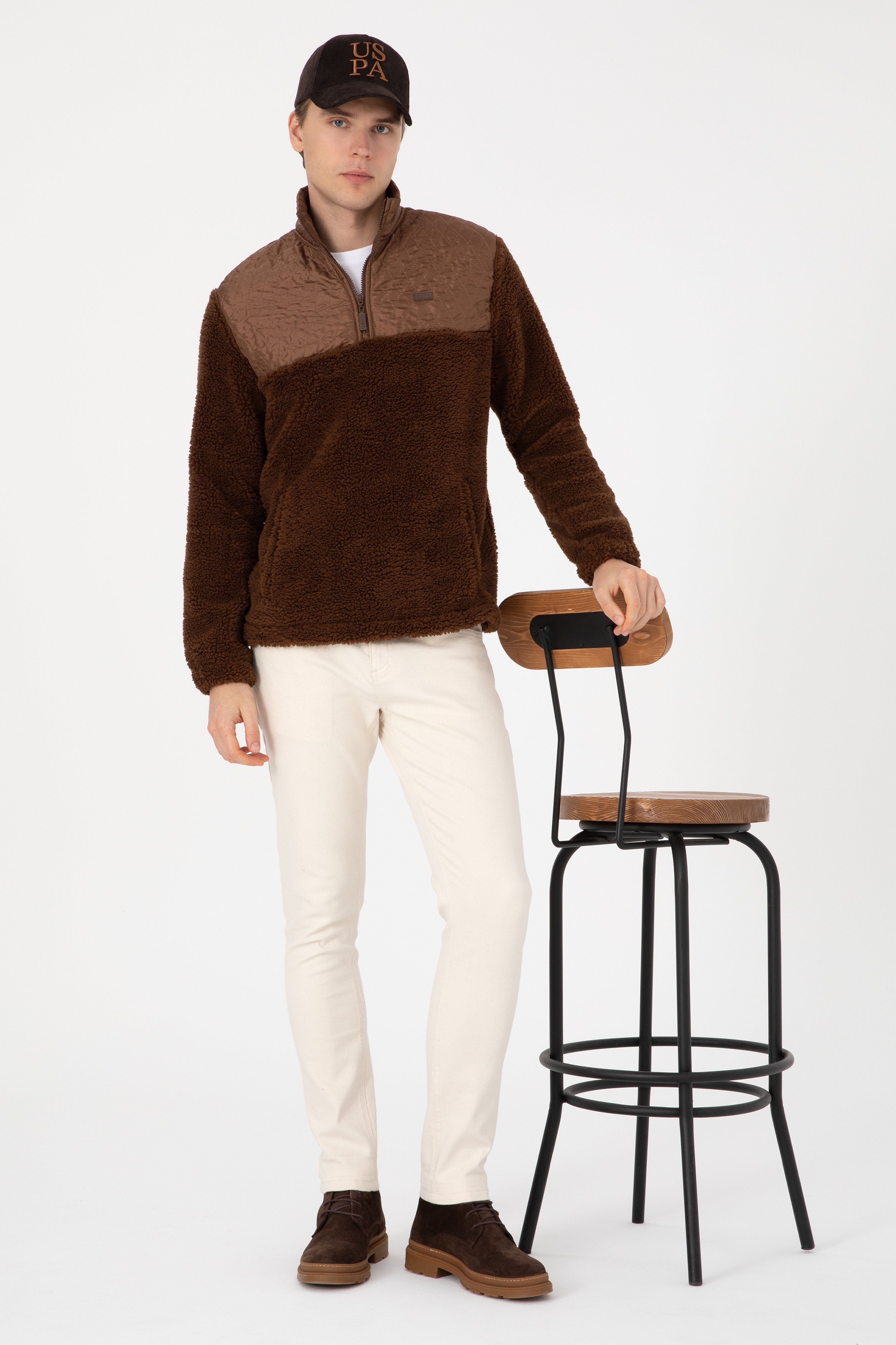 Erkek Comfort Fit Yarım Fermuarlı Kahverengi Sweatshirt