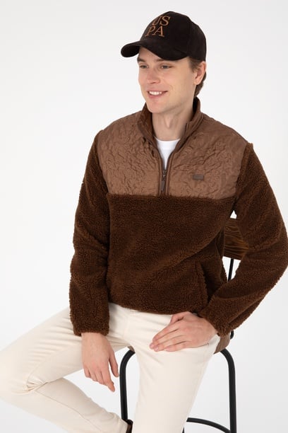 Erkek Comfort Fit Yarım Fermuarlı Kahverengi Sweatshirt
