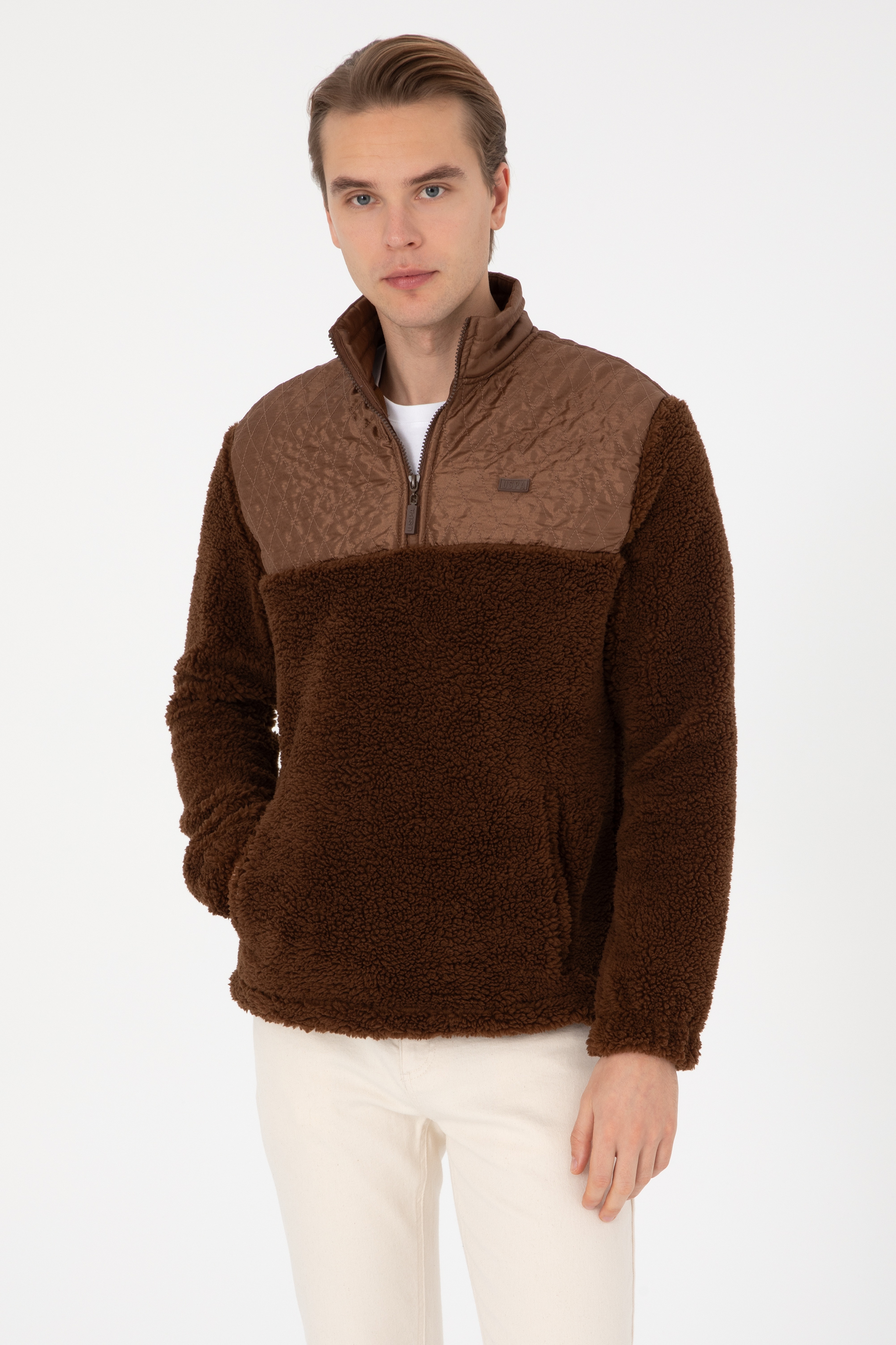Erkek Comfort Fit Yarım Fermuarlı Kahverengi Sweatshirt - Image 1