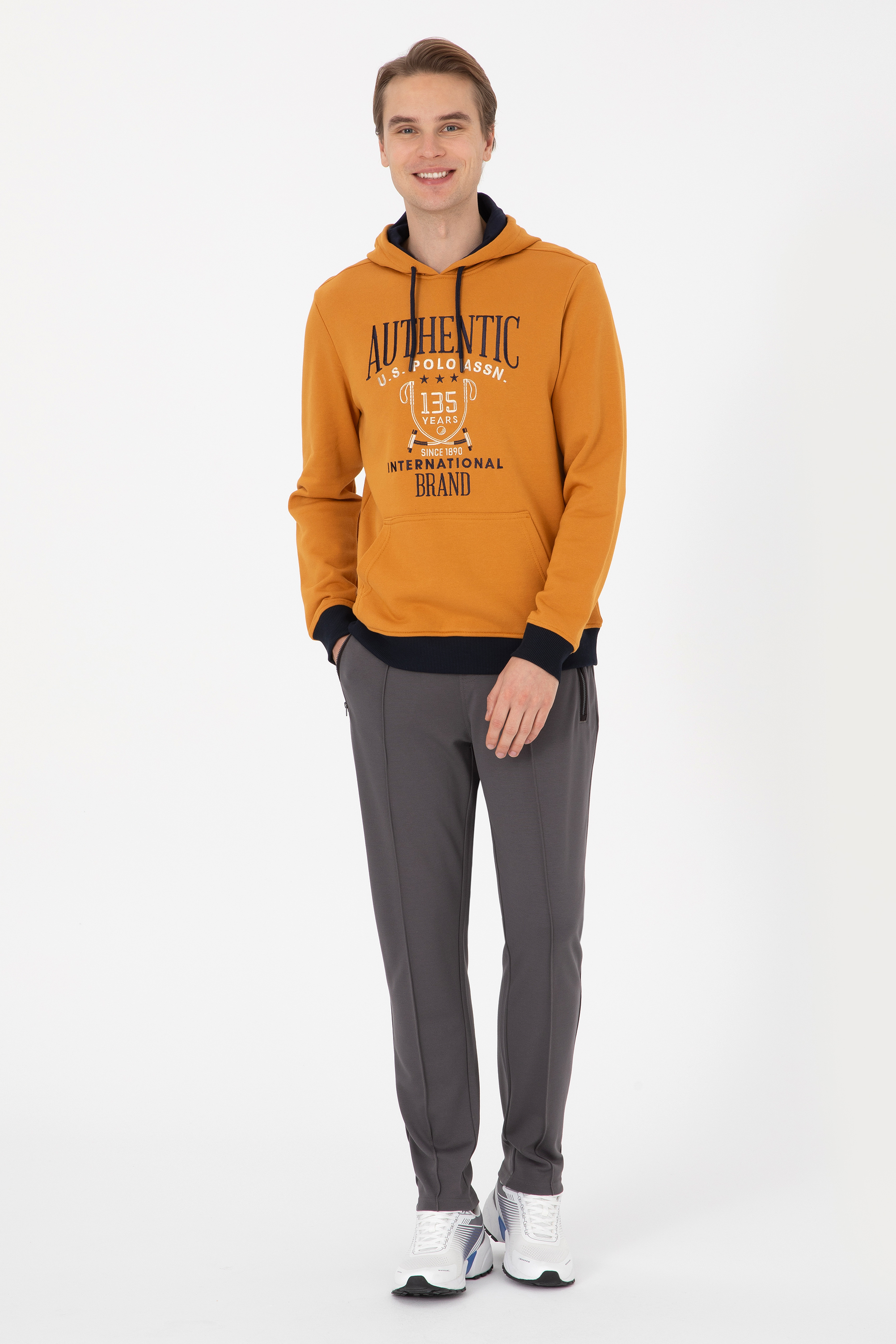 Erkek Regular Fit Kapüşonlu Hardal Sweatshirt - Image 4