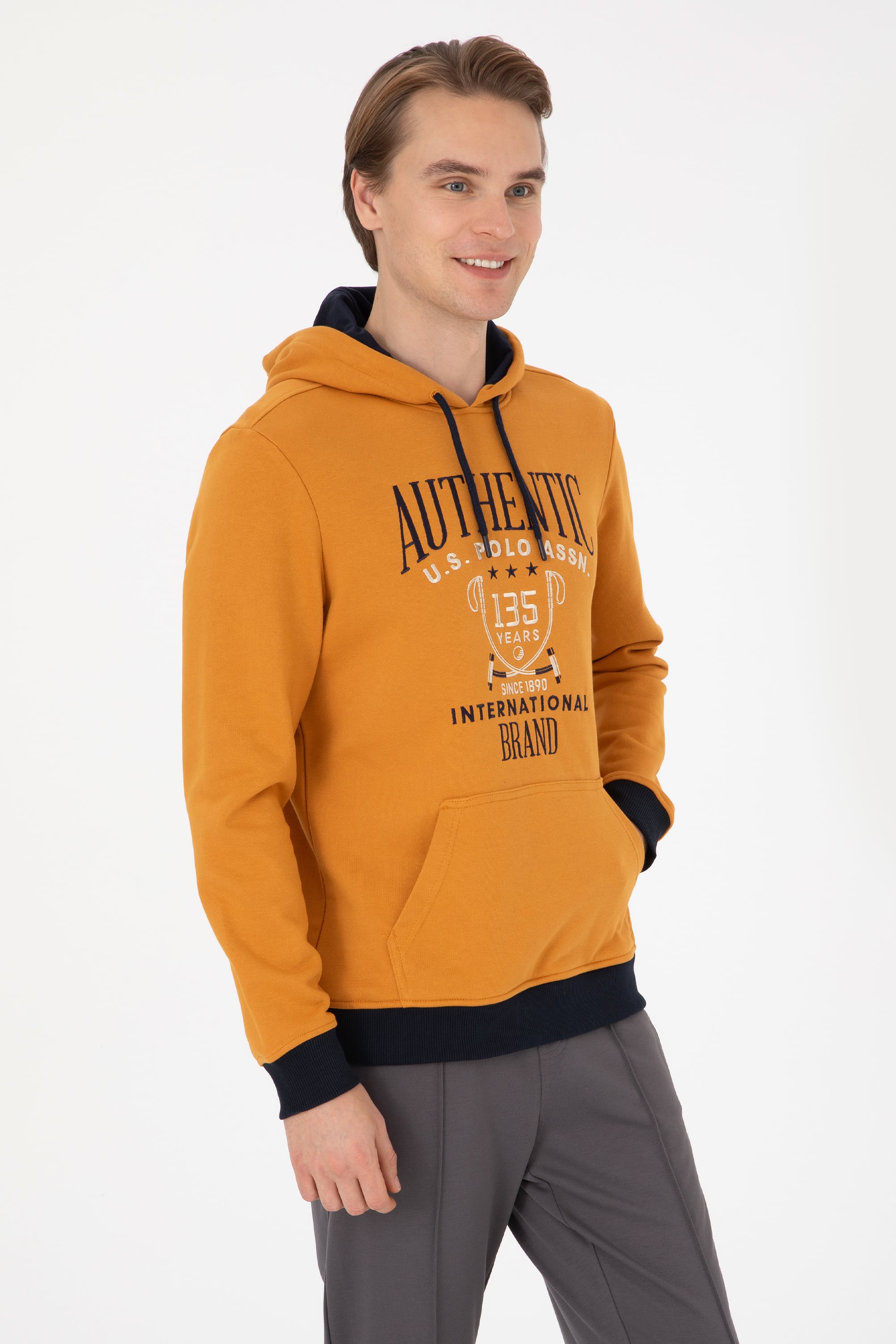 Erkek Regular Fit Kapüşonlu Hardal Sweatshirt - Image 3