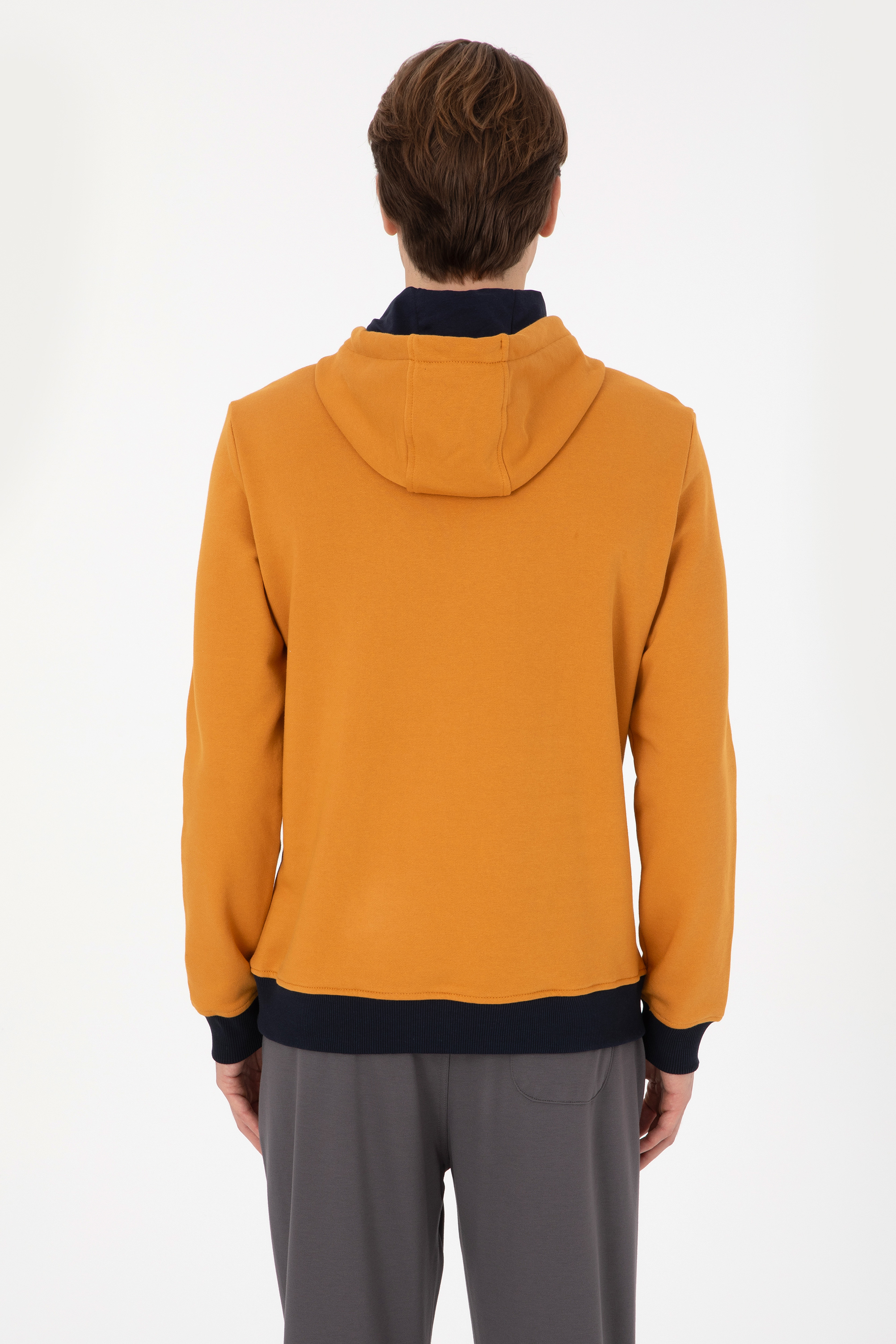 Erkek Regular Fit Kapüşonlu Hardal Sweatshirt - Image 5
