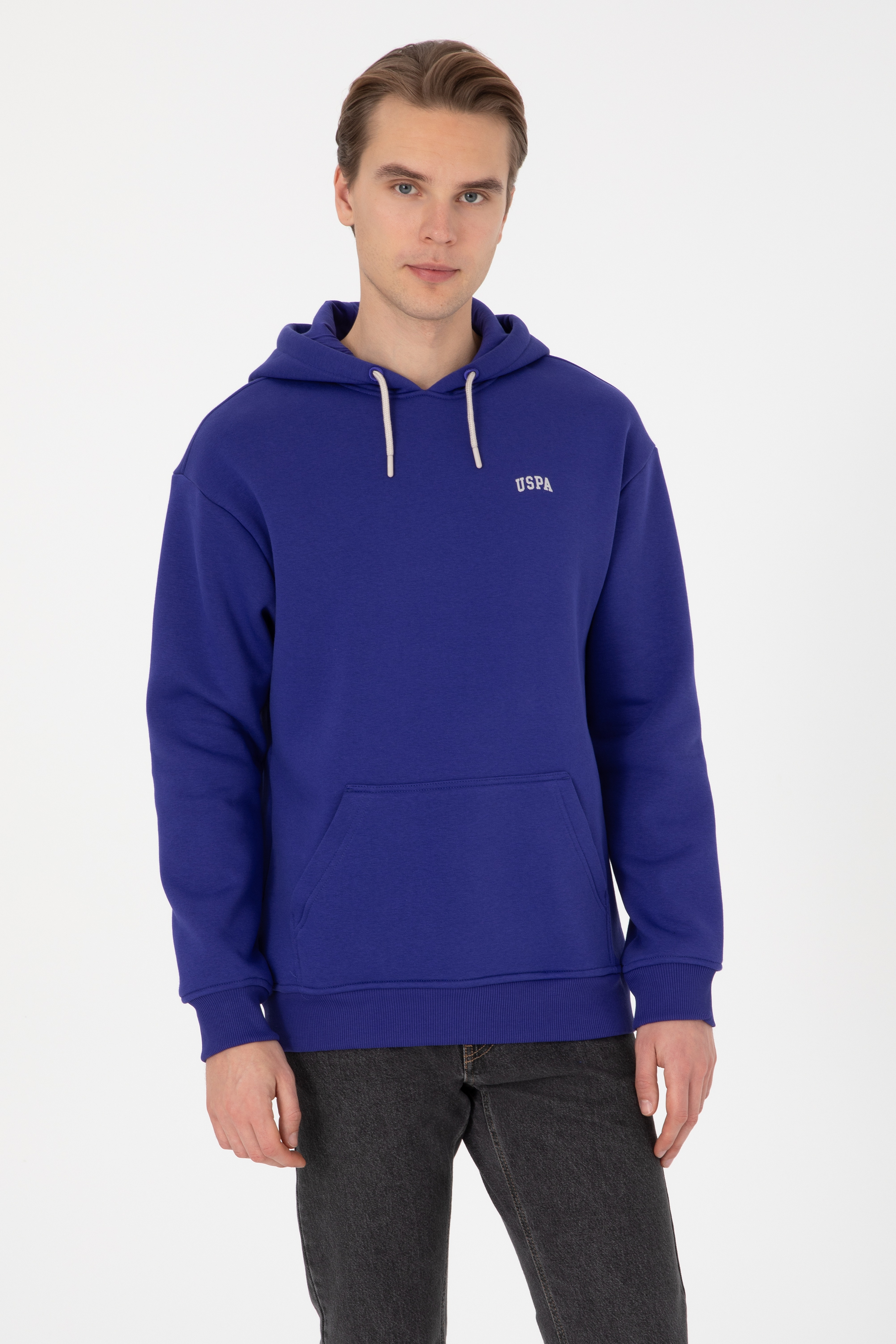 Erkek Mor Oversize Fit Kapüşonlu Şardonlu Basic Sweatshirt - Image 1