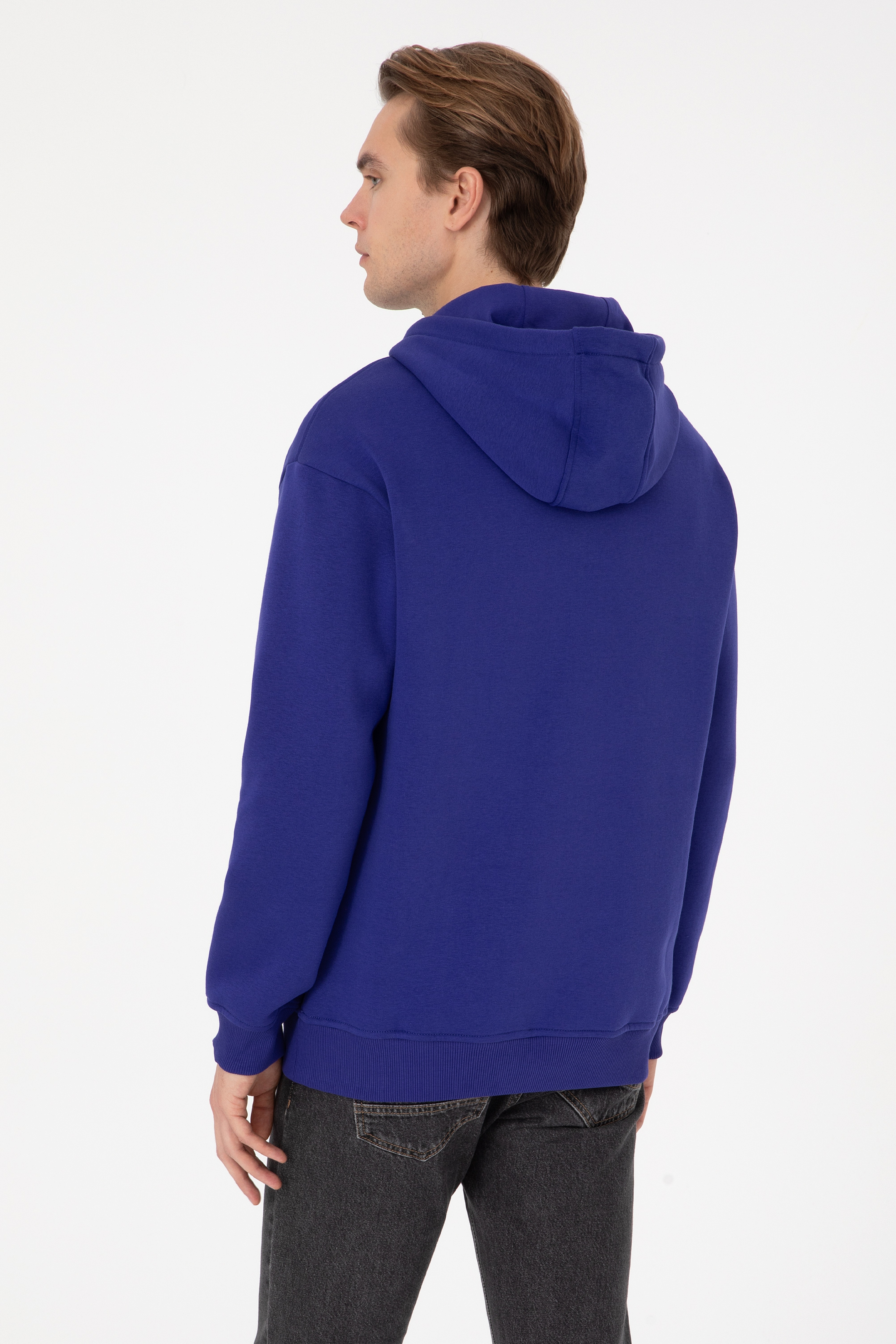 Erkek Mor Oversize Fit Kapüşonlu Şardonlu Basic Sweatshirt - Image 5
