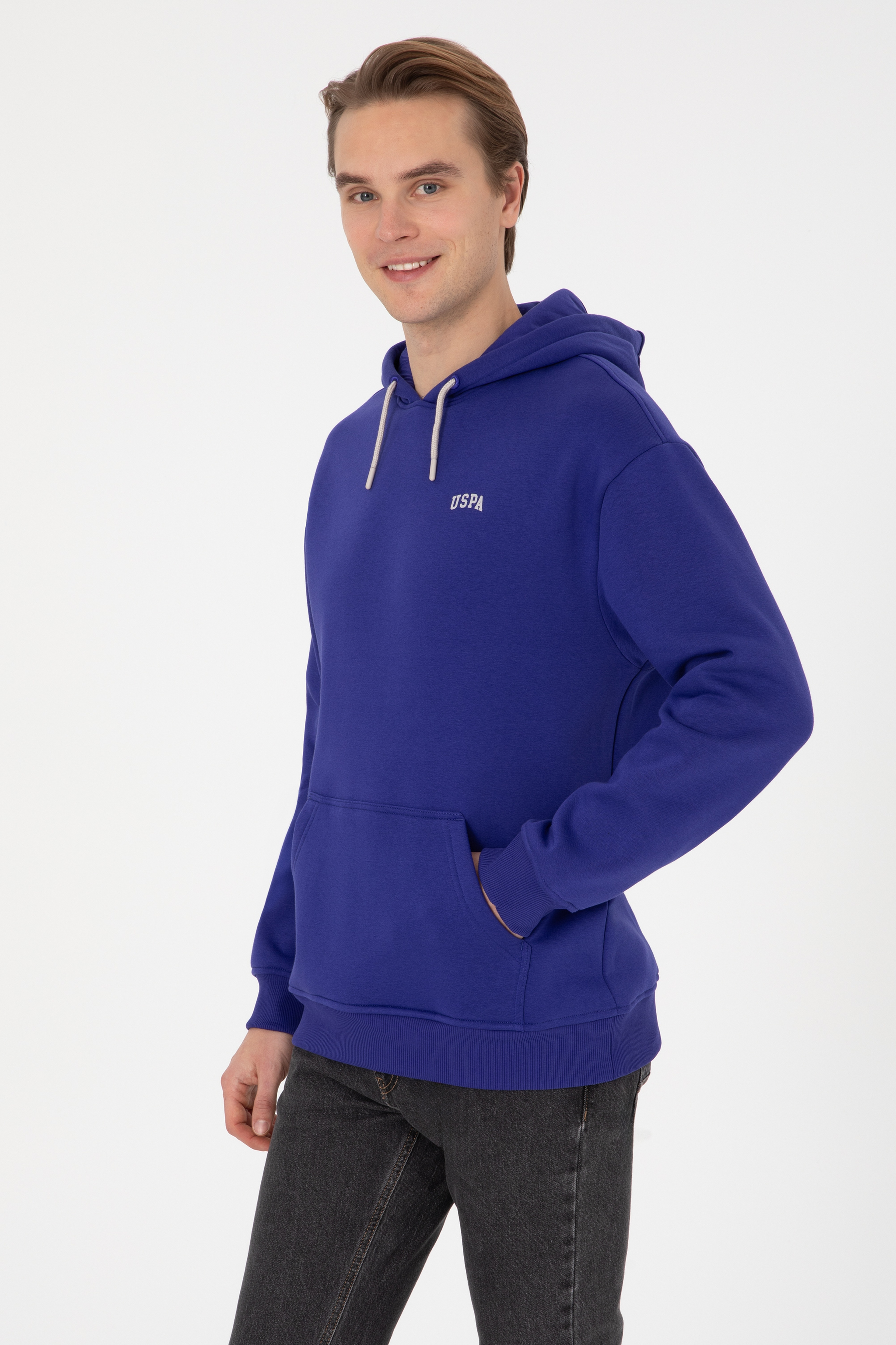 Erkek Mor Oversize Fit Kapüşonlu Şardonlu Basic Sweatshirt