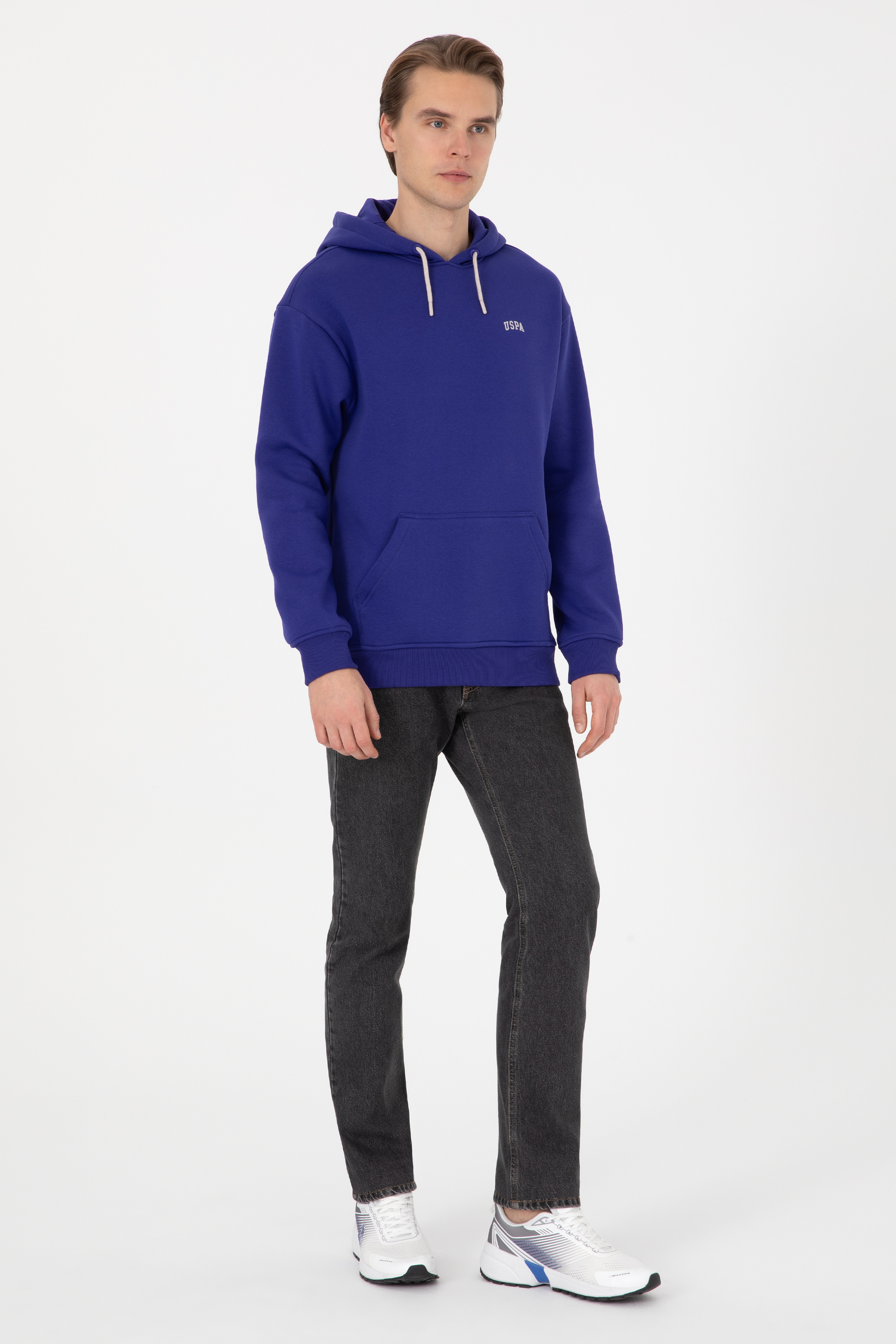 Erkek Mor Oversize Fit Kapüşonlu Şardonlu Basic Sweatshirt