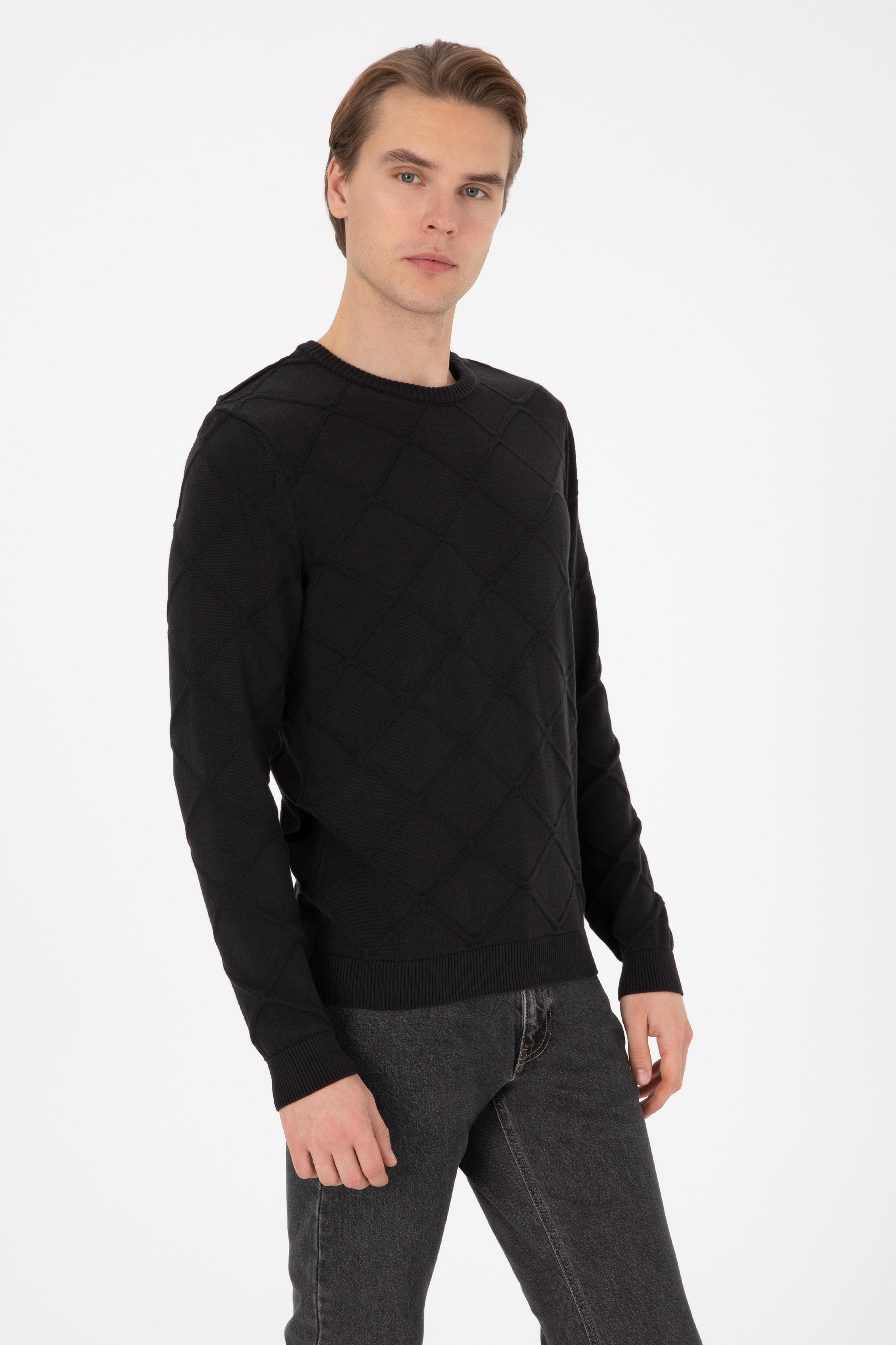 Erkek Regular Fit Bisiklet Yaka Siyah Kazak