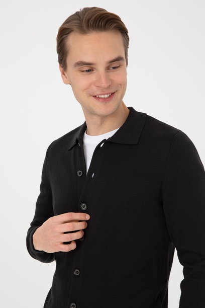Erkek Polo Yaka Siyah Basic Triko Hırka