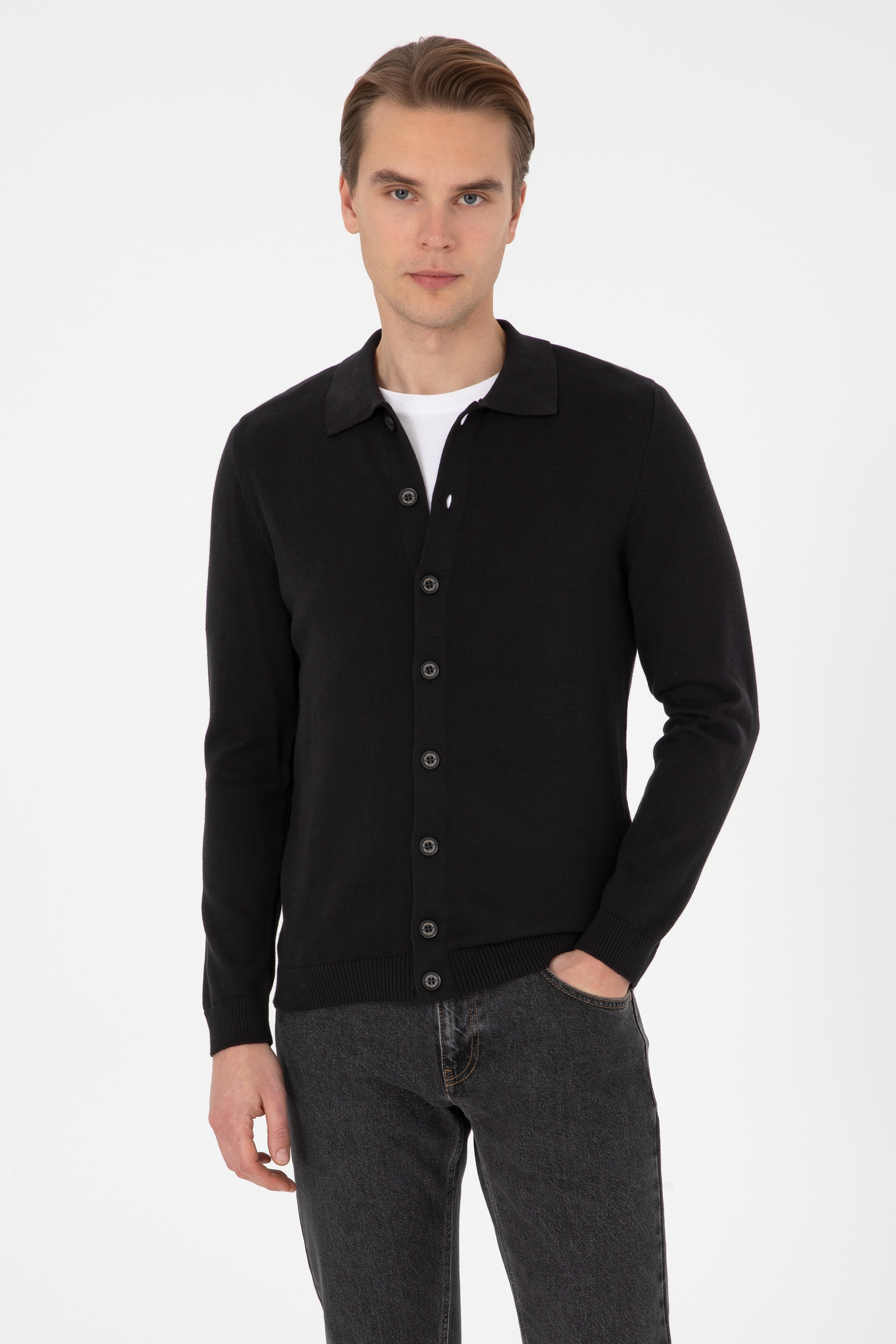 Erkek Polo Yaka Siyah Basic Triko Hırka