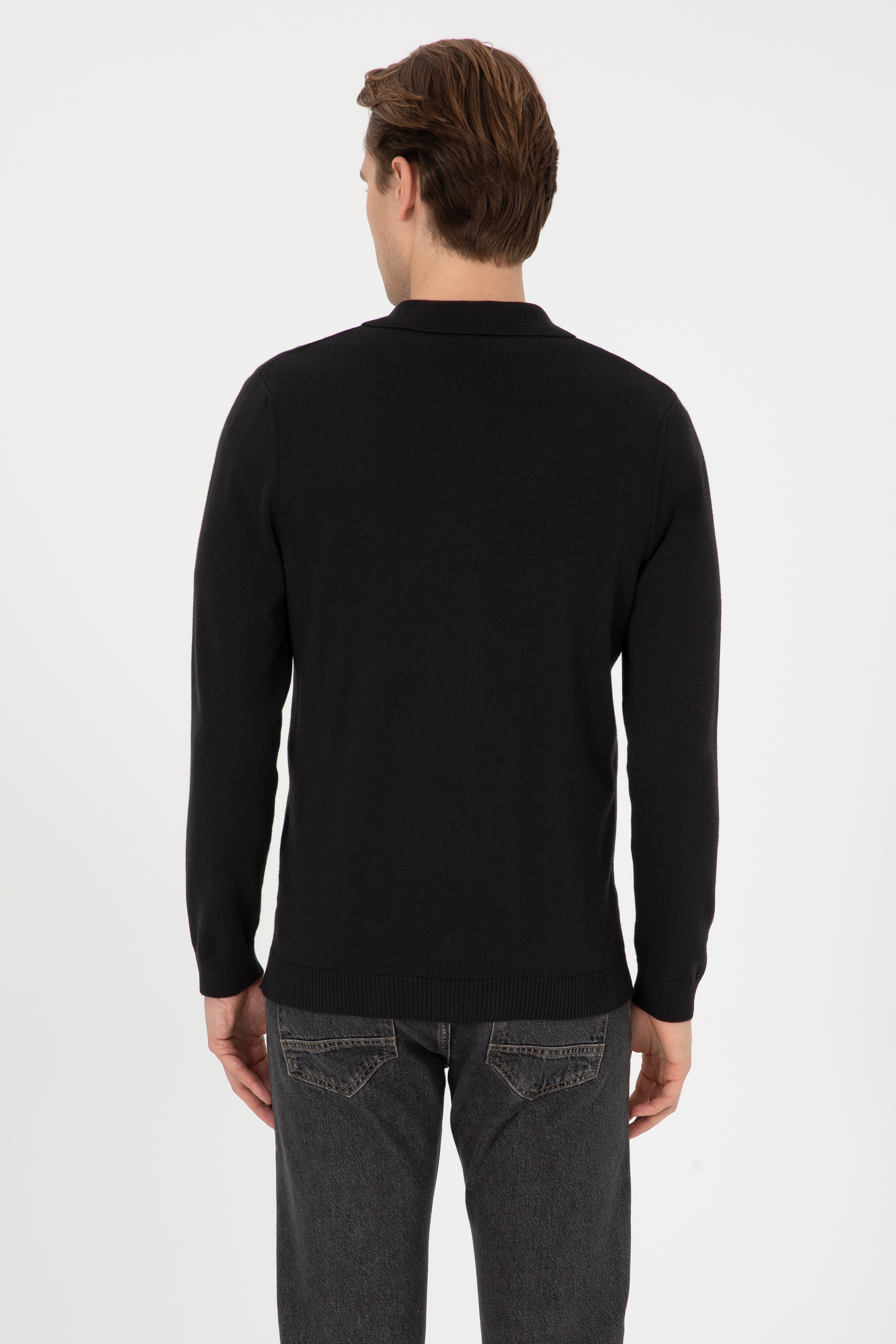 Erkek Polo Yaka Siyah Basic Triko Hırka