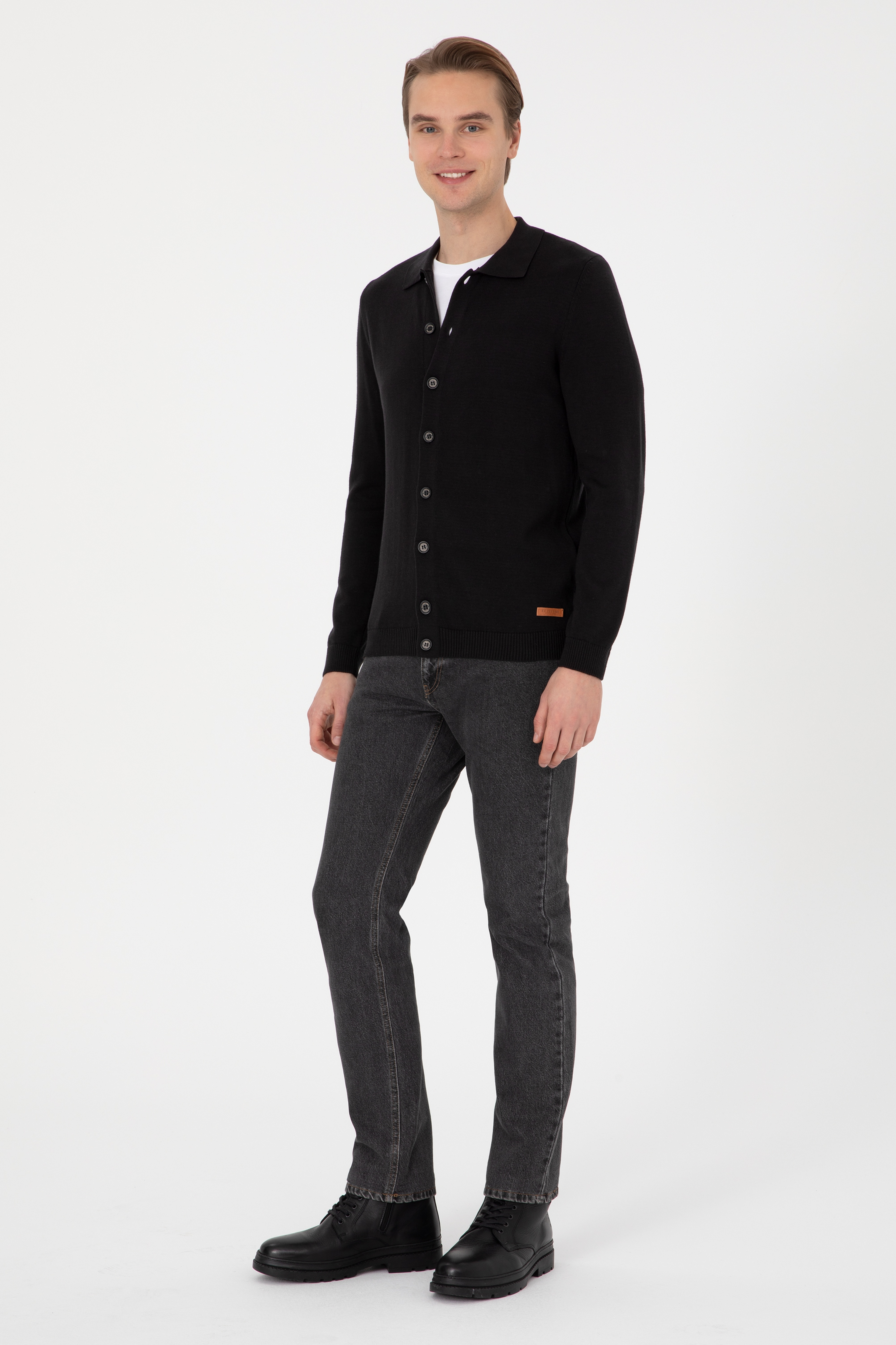 Erkek Polo Yaka Siyah Basic Triko Hırka - Image 4
