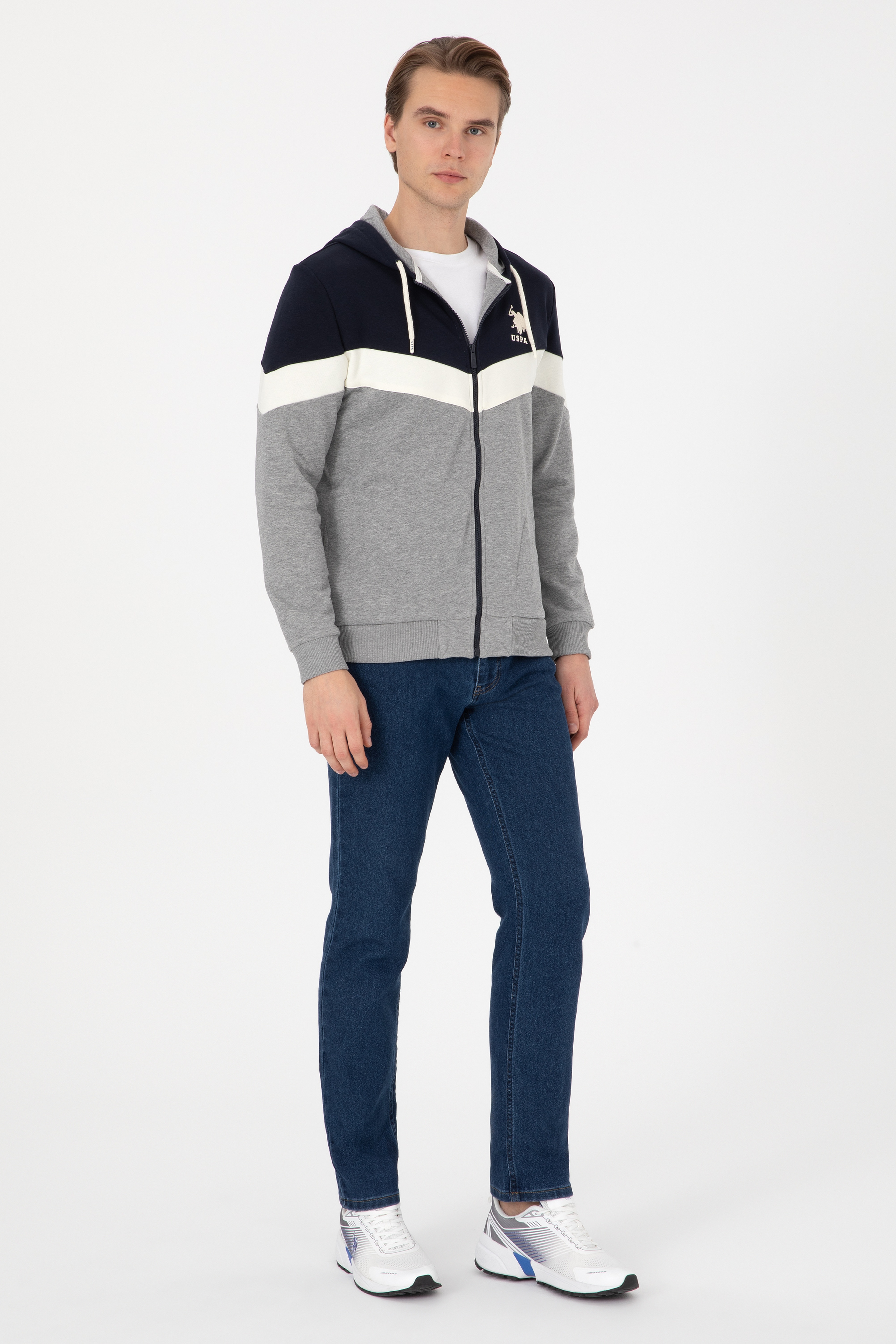 Erkek Gri Melanj Comfort Fit Kapüşonlu Örme Hırka