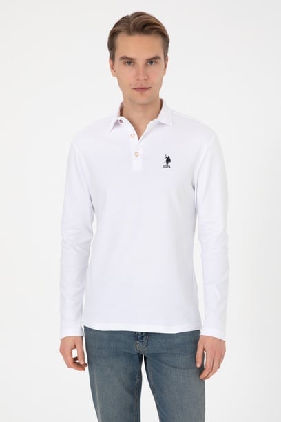 Erkek Regular Fit Polo Yaka Beyaz Basic Sweatshirt