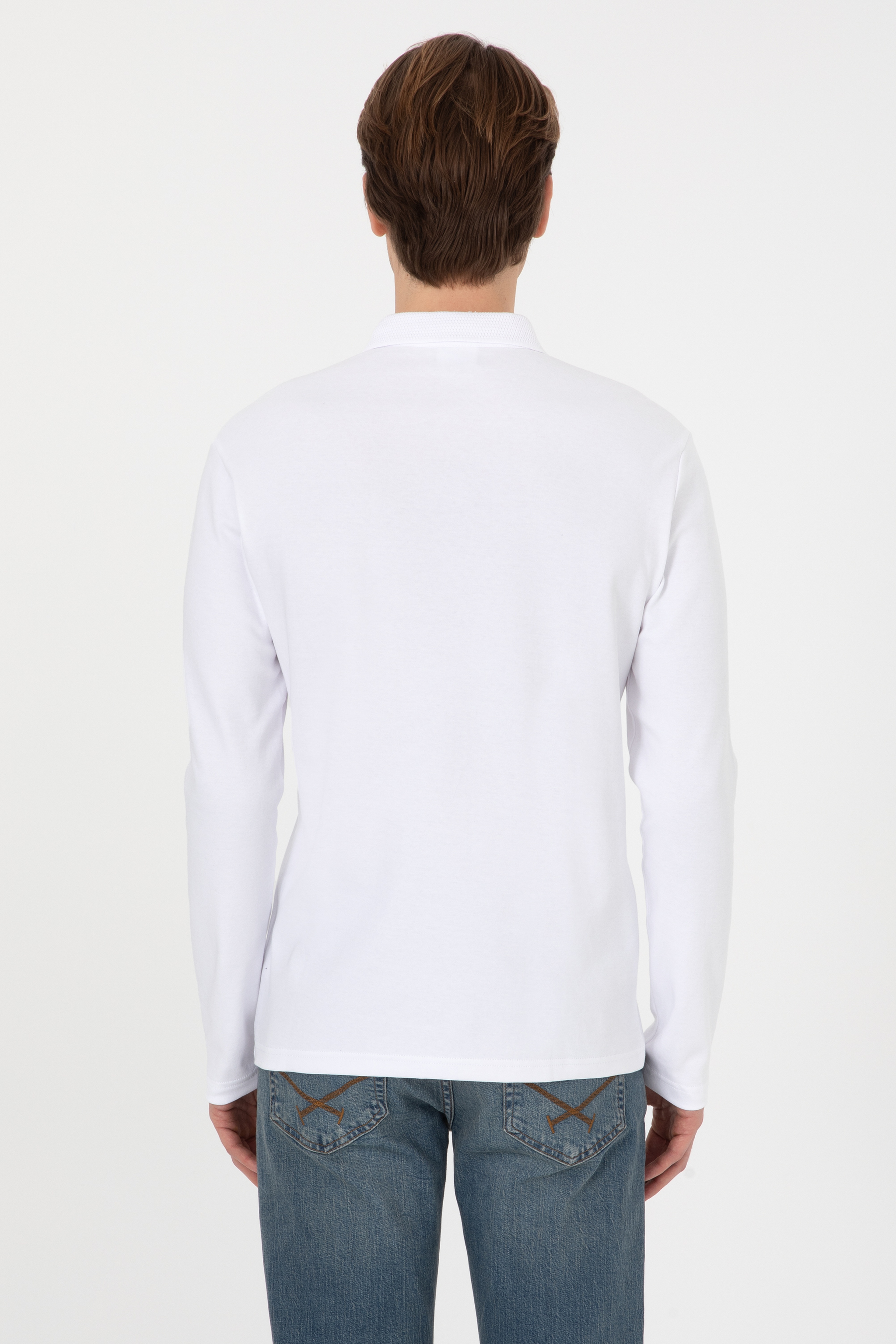 Erkek Regular Fit Polo Yaka Beyaz Basic Sweatshirt - Image 5