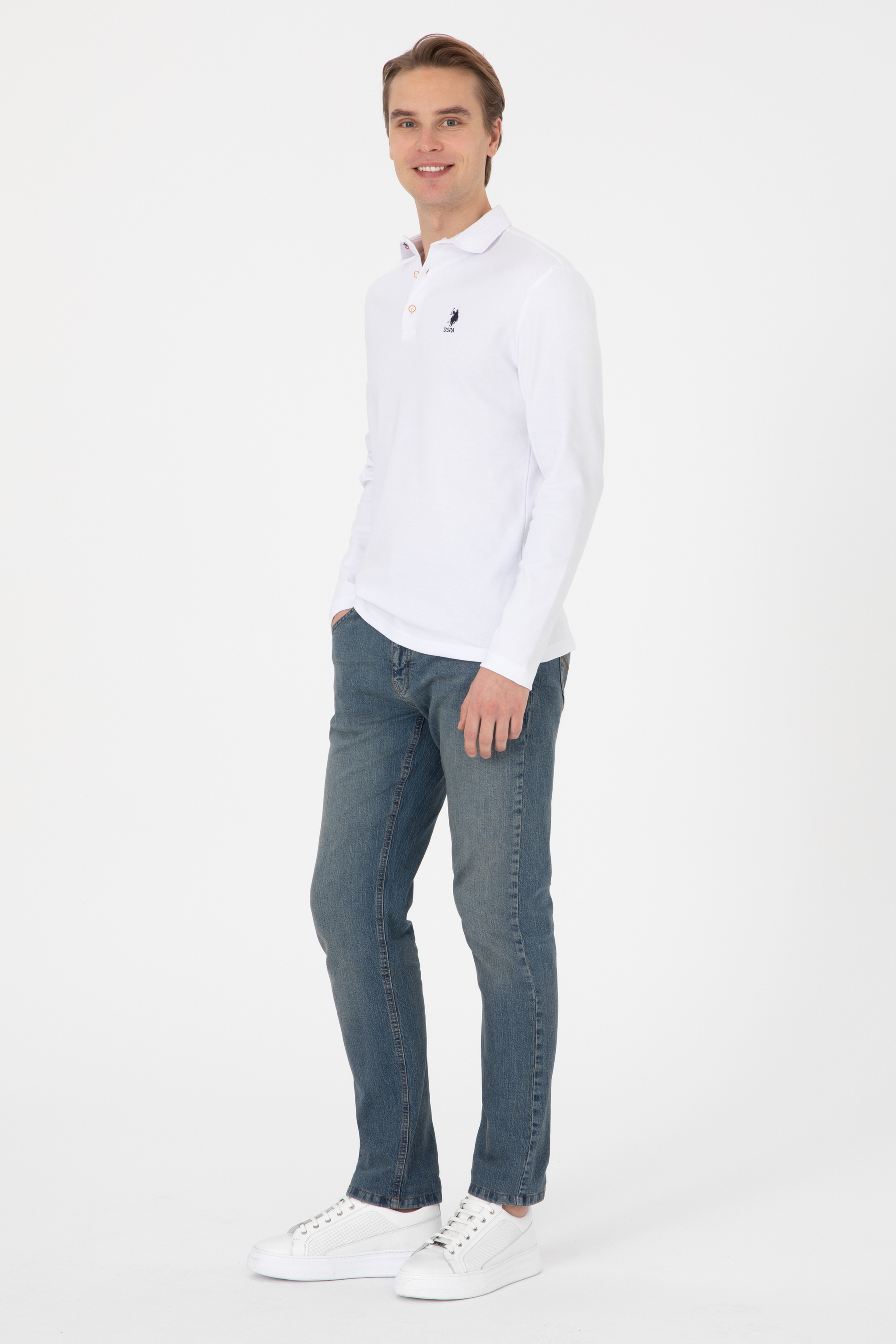Erkek Regular Fit Polo Yaka Beyaz Basic Sweatshirt