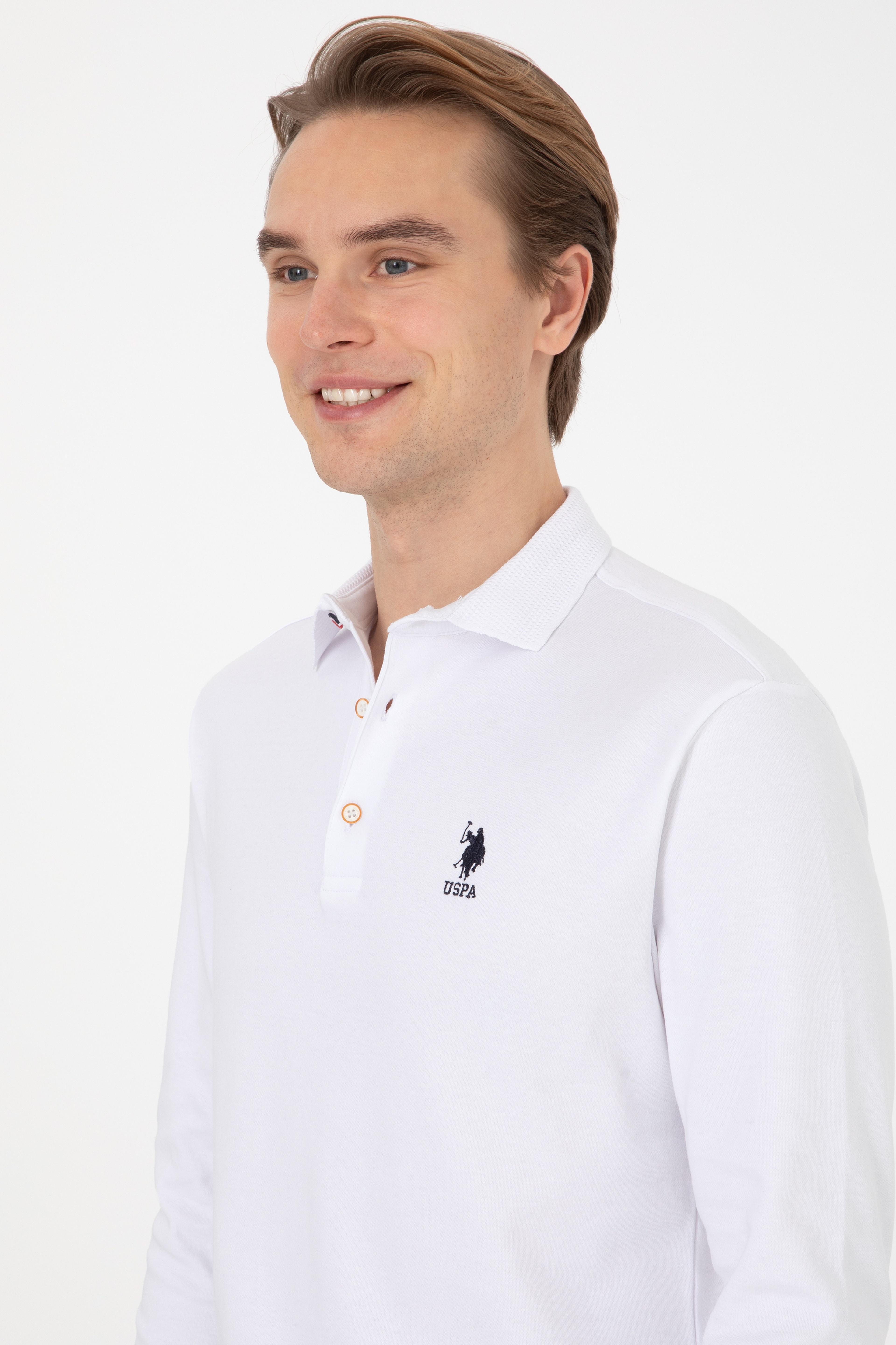 Erkek Regular Fit Polo Yaka Beyaz Basic Sweatshirt - Image 2