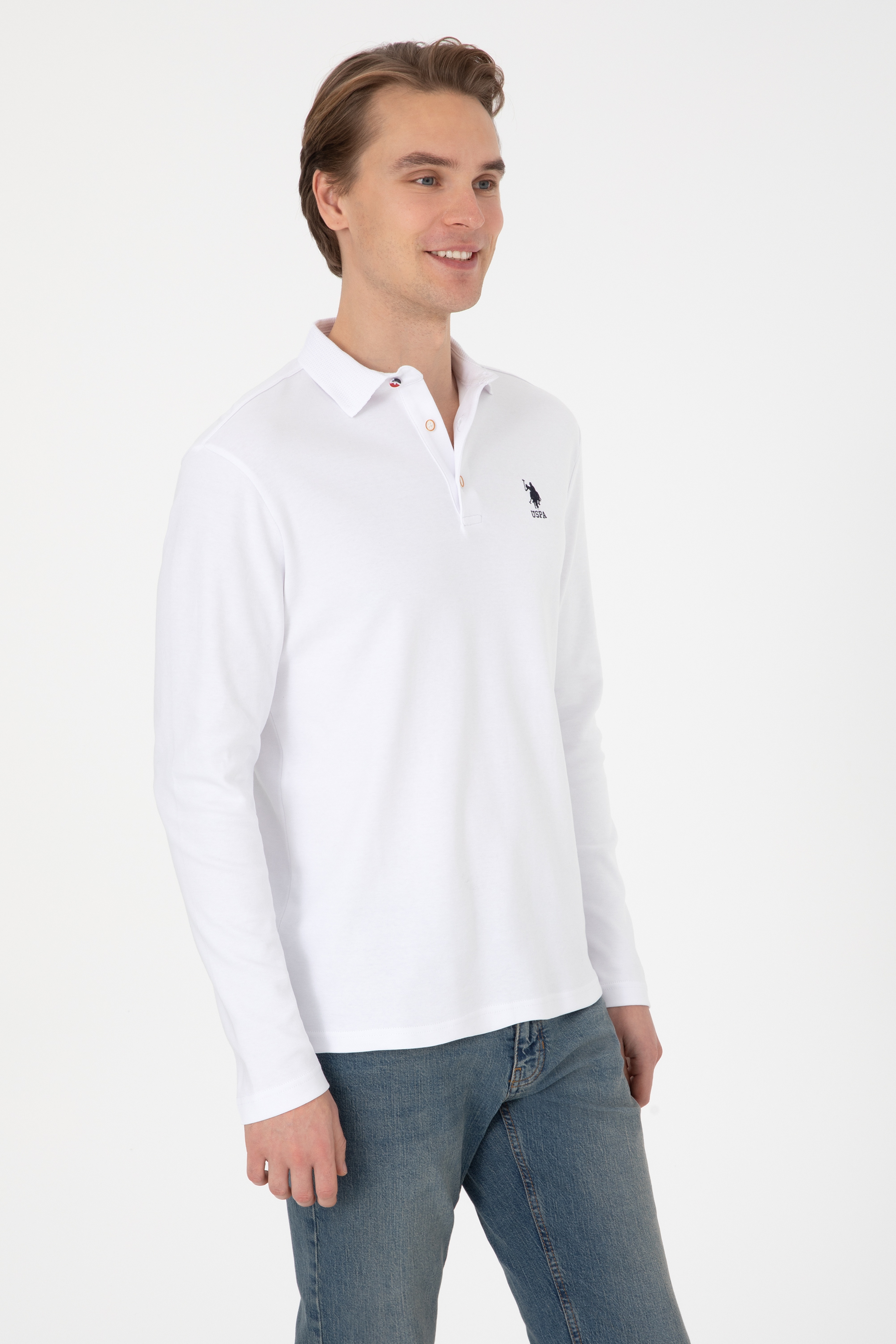 Erkek Regular Fit Polo Yaka Beyaz Basic Sweatshirt - Image 3