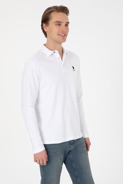 Erkek Regular Fit Polo Yaka Beyaz Basic Sweatshirt