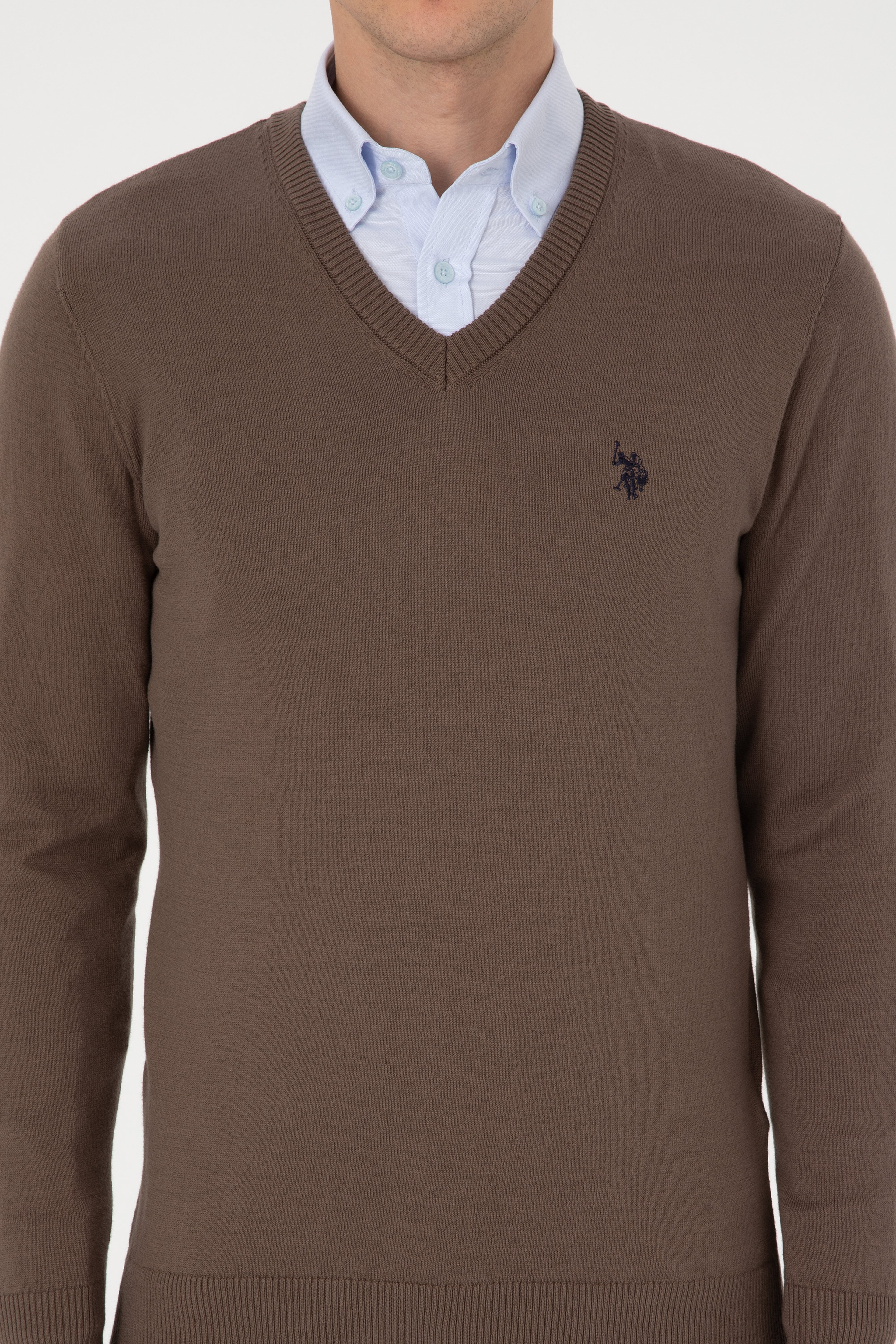 Erkek Slim Fit V Yaka Vizon Basic Kazak