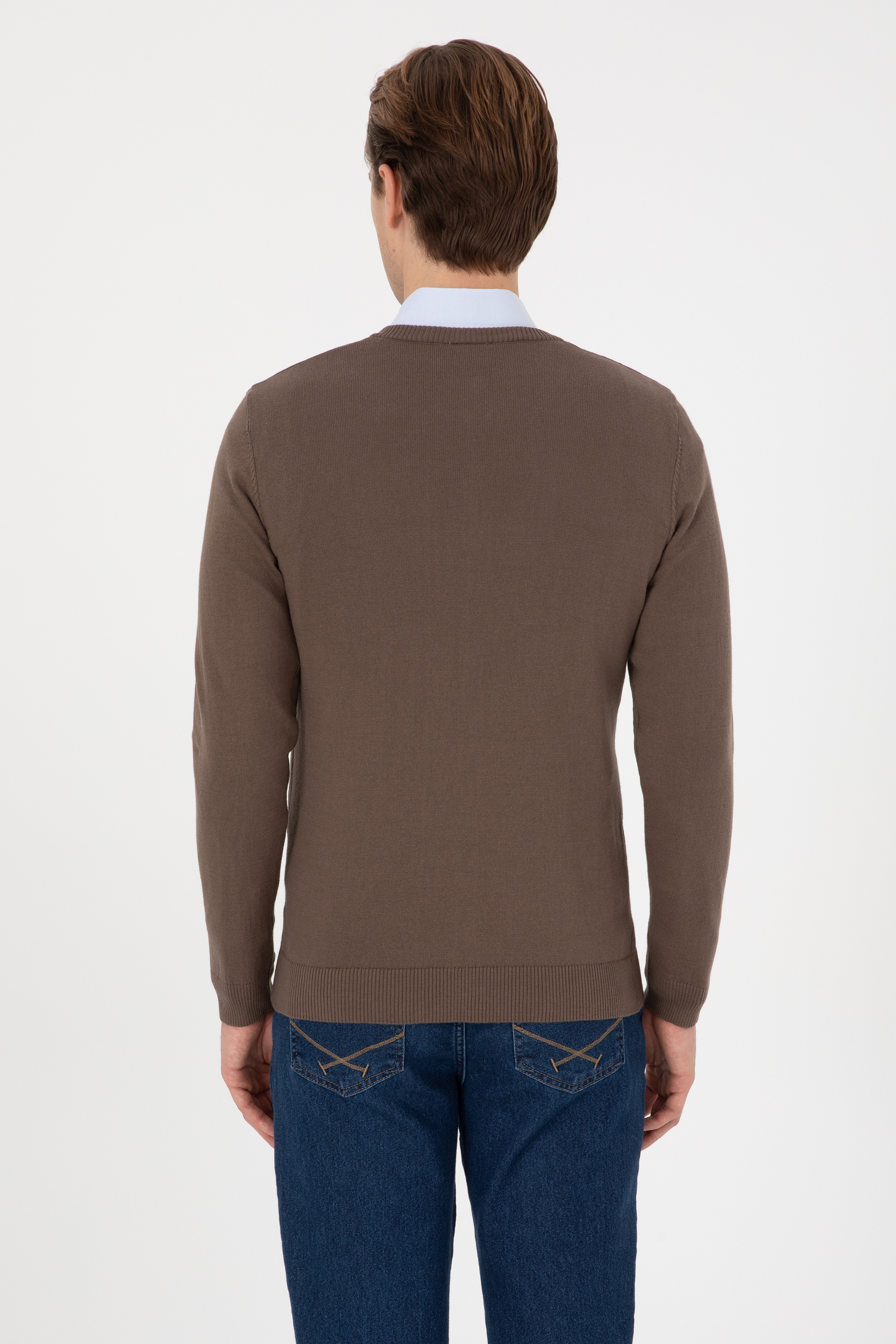 Erkek Slim Fit V Yaka Vizon Basic Kazak