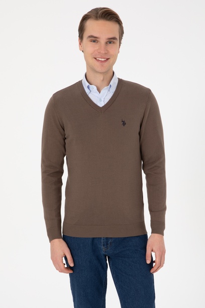Erkek Slim Fit V Yaka Vizon Basic Kazak