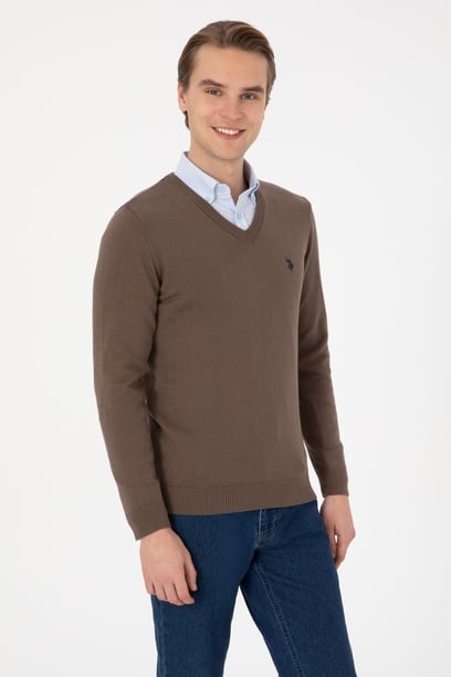 Erkek Slim Fit V Yaka Vizon Basic Kazak
