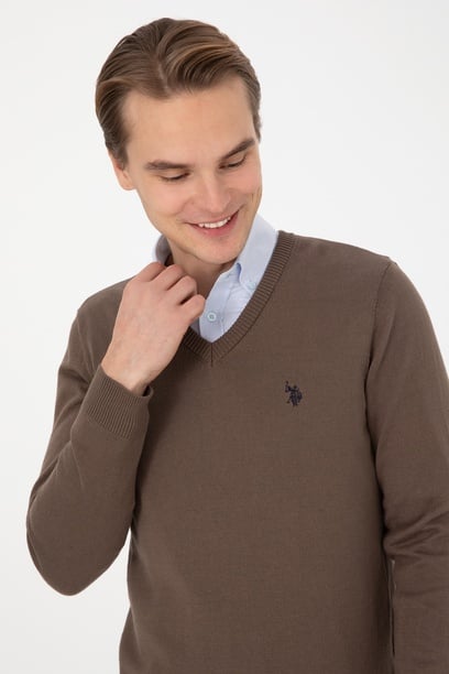 Erkek Slim Fit V Yaka Vizon Basic Kazak
